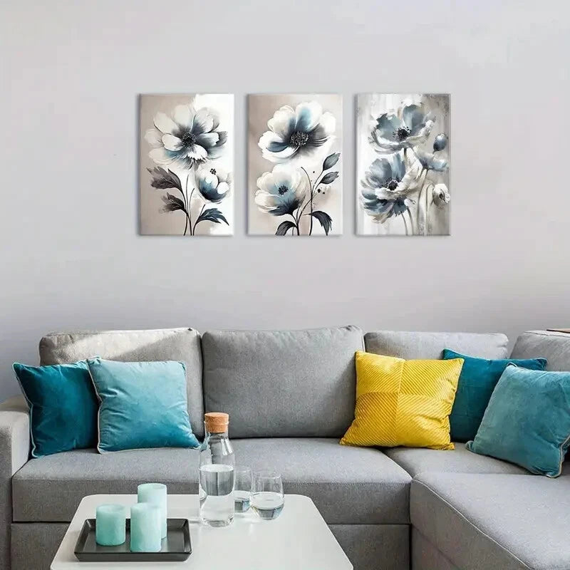 3-Piece Abstract Blue and White Wildflower Metal Wall Art - Ready to Hang Canvas Prints for Living Room, Bedroom & Office Decor
