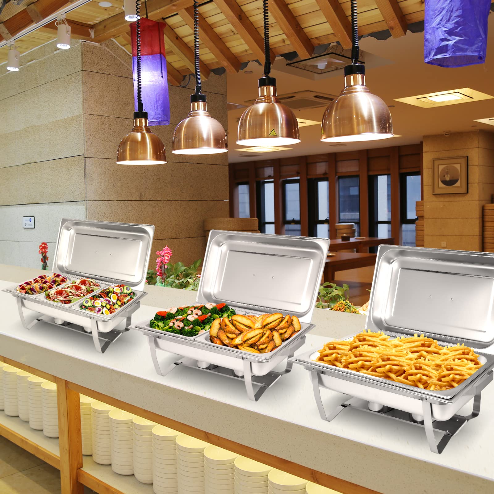 4-Pack Stainless Steel Buffet Chafing Dish Set - 8QT Catering Food Warmers with 7 Trays - Perfect for Weddings, Parties, and Buffet Serving