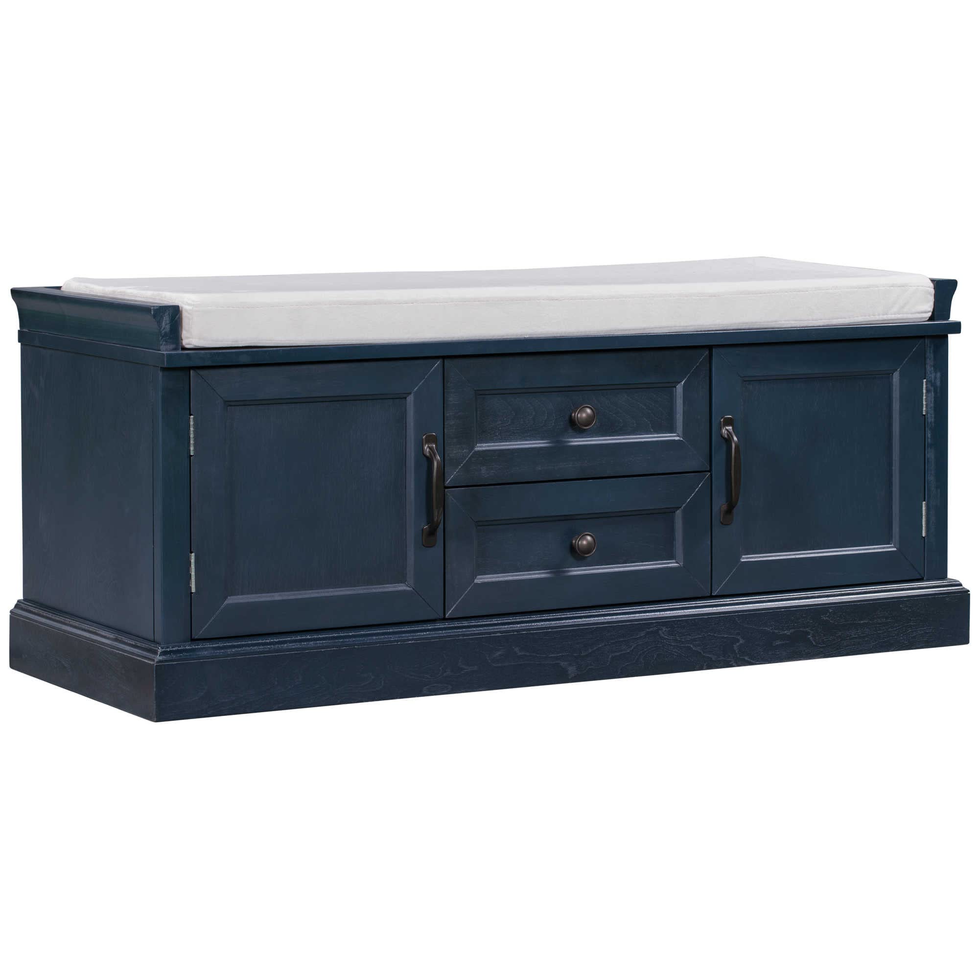 Rustic Wooden Storage Bench with 2 Cabinets & 2 Drawers - Entryway Shoe Bench with Removable Cushion - Antique Navy Organizer for Bedroom, Hallway, Living Room - Perfect for Small Space Storage & Entryway Seating