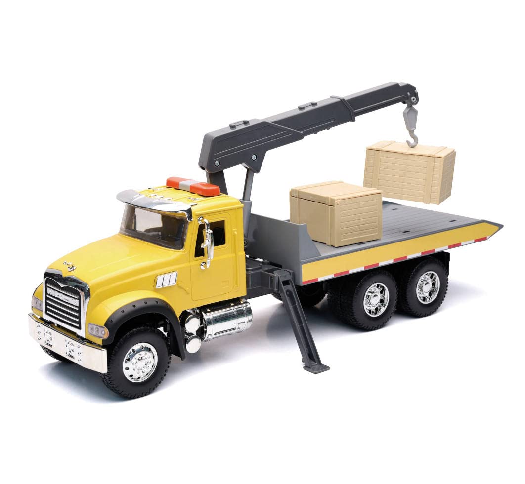 New-Ray Toys Mack Granite Roll Off Truck with Crane and Crate - 1:18 Scale Long Haul Trucker Playset for Kids - Perfect Gift for Birthdays & Holidays - Great for Pretend Play, Construction Scenes & Collectors