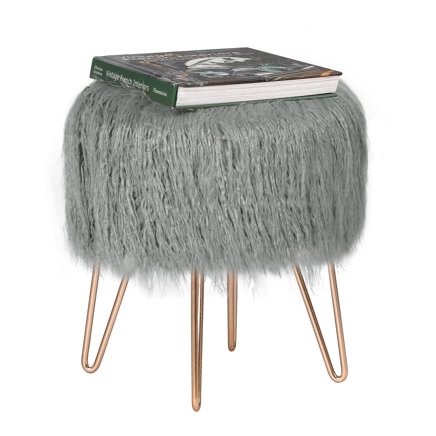 Gray Faux Fur Round Ottoman with Metal Legs - Soft Footrest Stool for Bedroom, Living Room & Nursery | Perfect for Lounging, Reading Nook & Home Decor