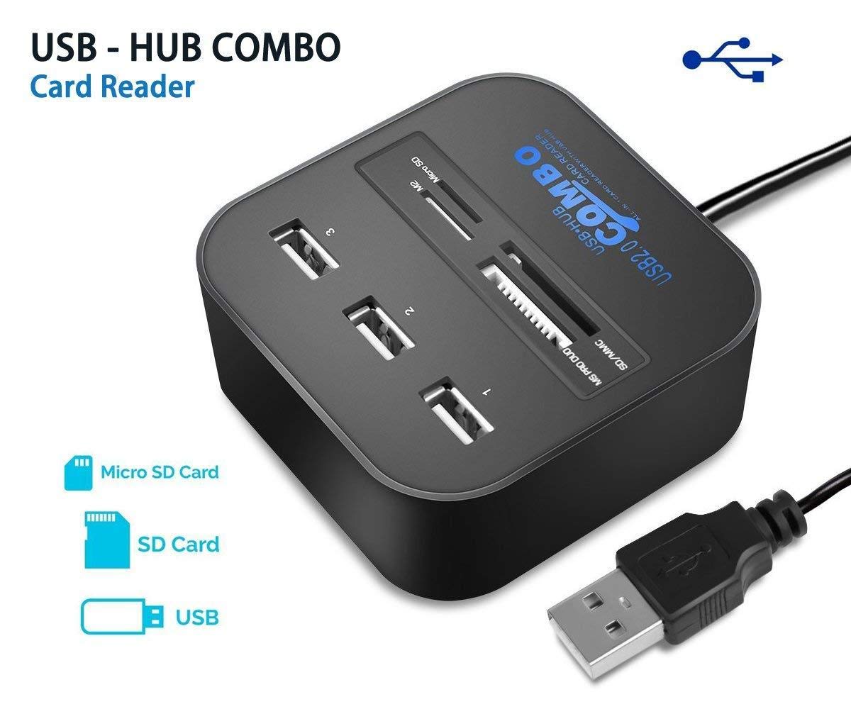 Technotech All-in-One USB 3.0 Card Reader & 3-Port USB Hub - SD/TF/CF/MS Reader for MacBook, Laptop, PC - Fast Data Transfer for Photos, Videos, Files (Black)