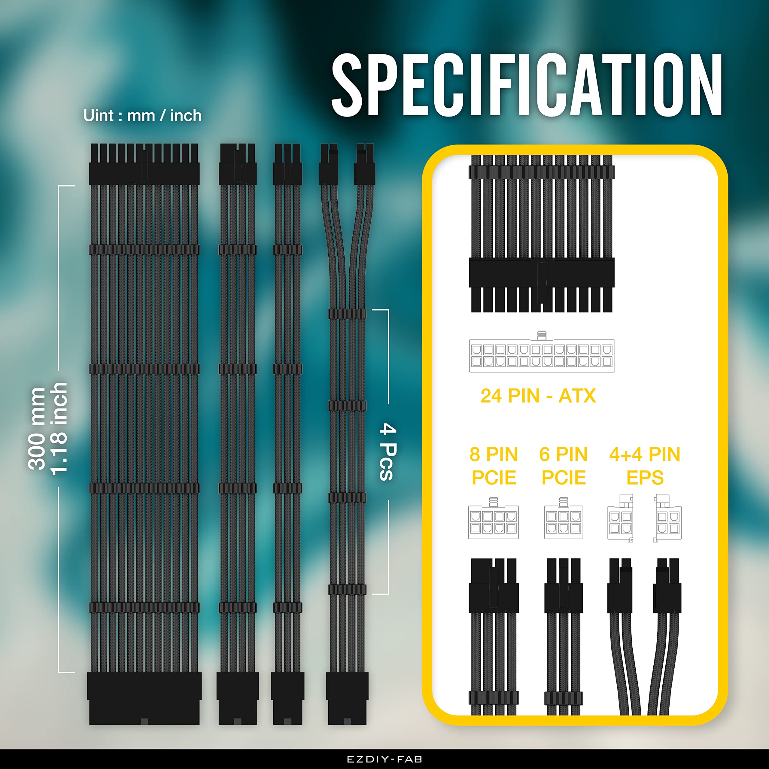 EZDIY-FAB Premium PSU Cable Extension Kit - 16 AWG Sleeved Cables (24-PIN, 8-PIN, 6-PIN, 4+4-PIN) with Cable Combs - Black | Custom Power Supply Upgrade for Gaming PC, Workstation & Custom Builds