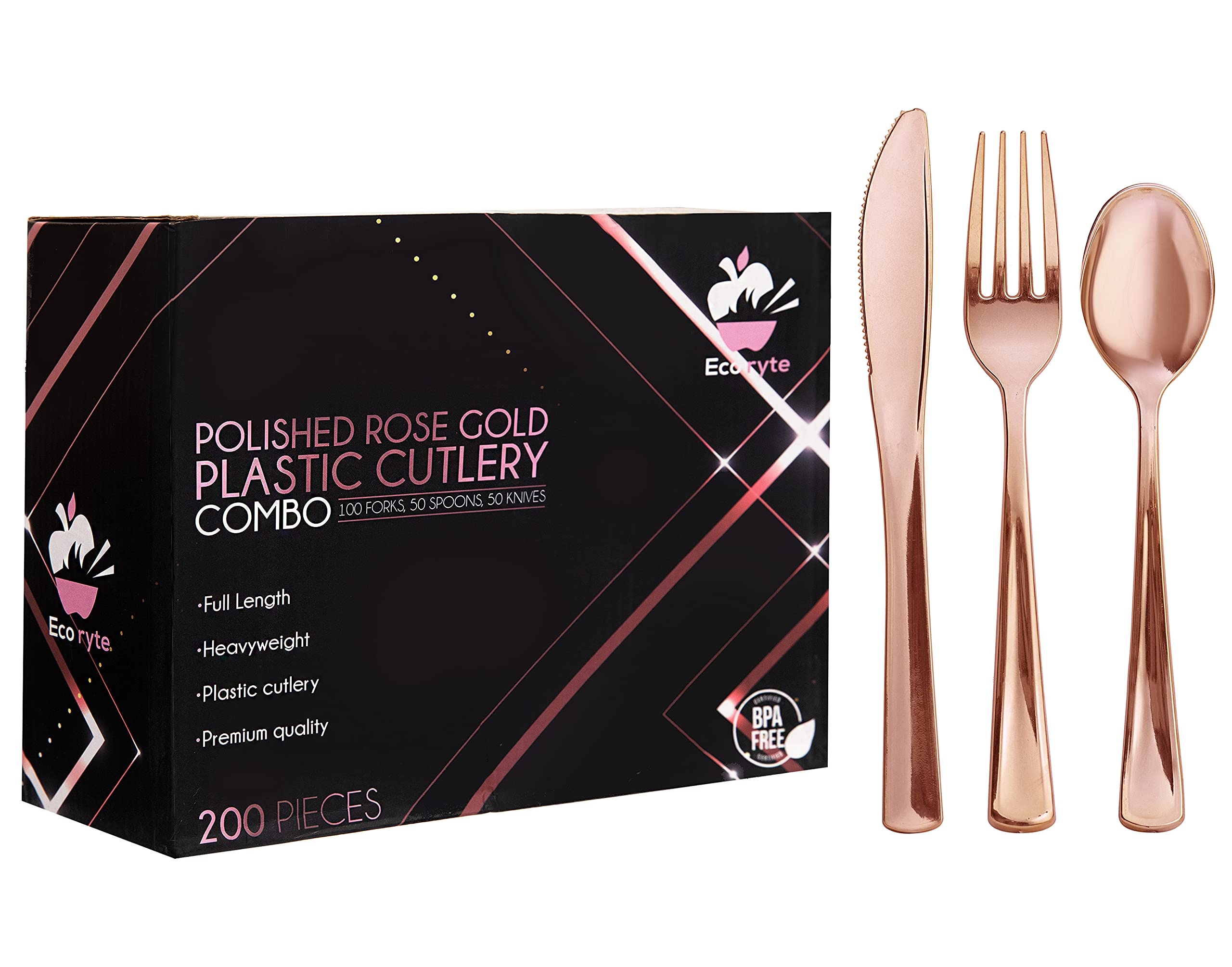 200pcs Premium Heavy-Duty Rose Gold Plastic Cutlery Set - 100 Forks, 50 Spoons & 50 Knives - BPA Free Disposable & Reusable Utensils for Wedding, Birthday Party, Picnic, BBQ & Catering Events (Elegant Rose Gold)