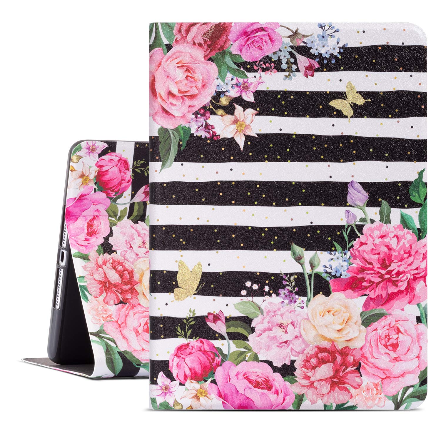 Premium Leather Folio Case for iPad Air 2 & iPad 6th/5th Gen (9.7 Inch) - Multi-Angle Stand, Black White Striped Flower Design - Perfect for Work, Travel & Home Use