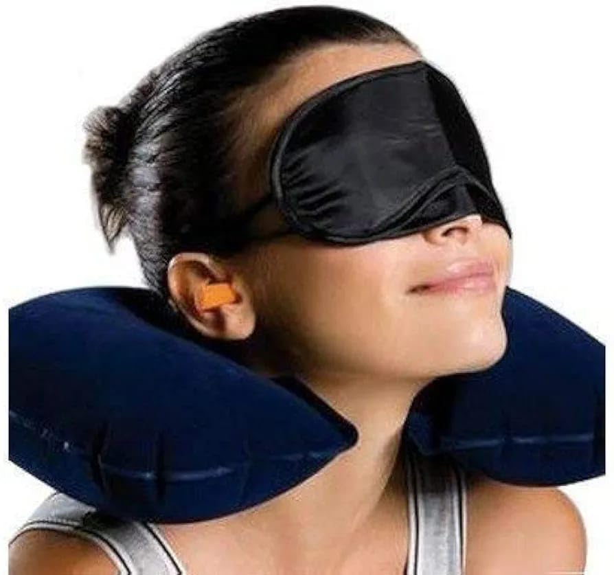 Comfortable Travel Neck Pillow with Adjustable Eye Mask & Soft Ear Plugs - Perfect for Airplane, Car & Office Naps