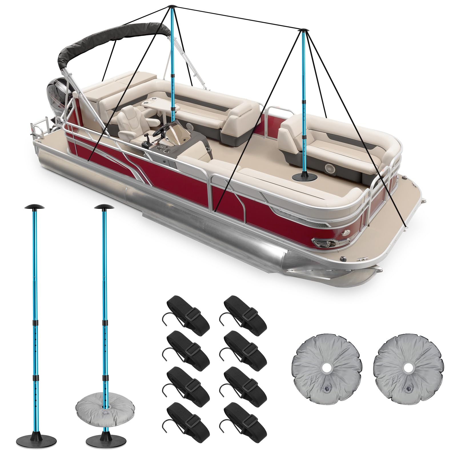 Adjustable Boat Cover Support Poles System - 2PC Blue Pontoon Cover Support with 8 Straps & 2 Water Bags for Jon Boat, V Hull, Pontoon | Rain & Snow Protection, Outdoor Storage, Marine Use