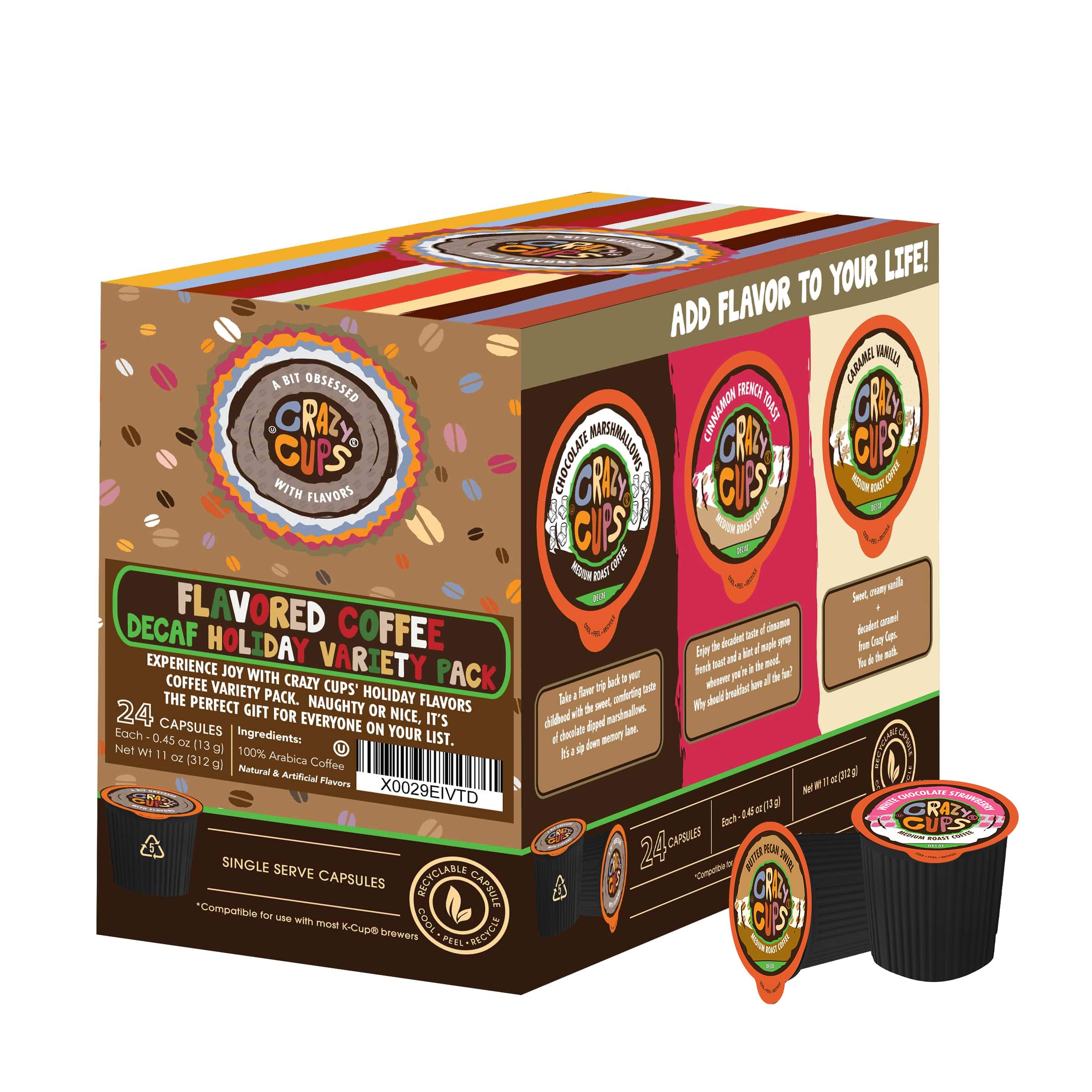 **Decaf Flavored Coffee Variety Pack for Keurig K-Cups – 24 Recyclable Pods, Hot or Iced, Perfect for Home & Office Brewing**    (Note: This optimized title improves keyword focus, removes redundancy, and adds a usage scenario while maintaining SEO best practices.)