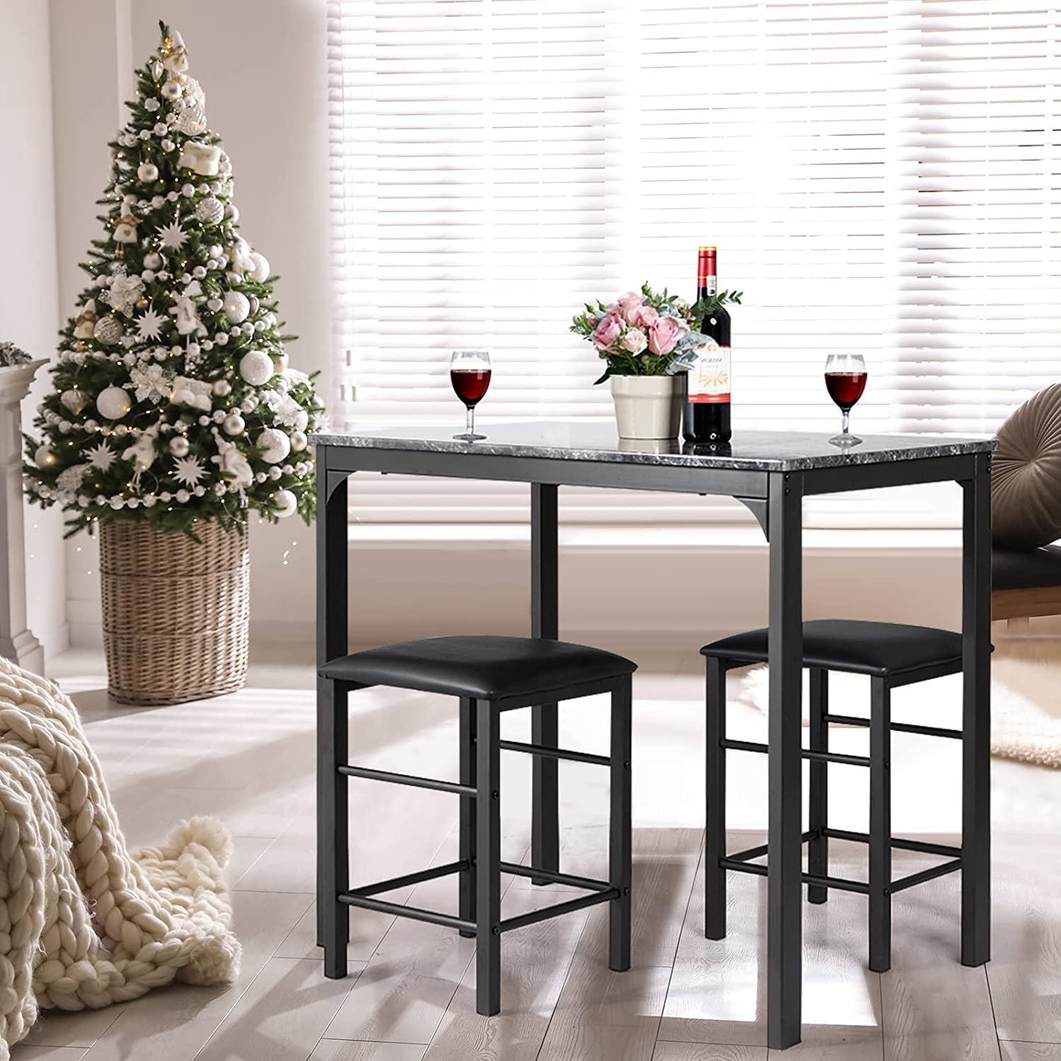 LUARANE 3-Piece Modern Bar Table Set with 2 PU Leather Bar Stools - Counter Height Pub Dining Set for Kitchen, Living Room & Restaurant (Black) | Perfect for Small Spaces, Entertaining & Casual Dining