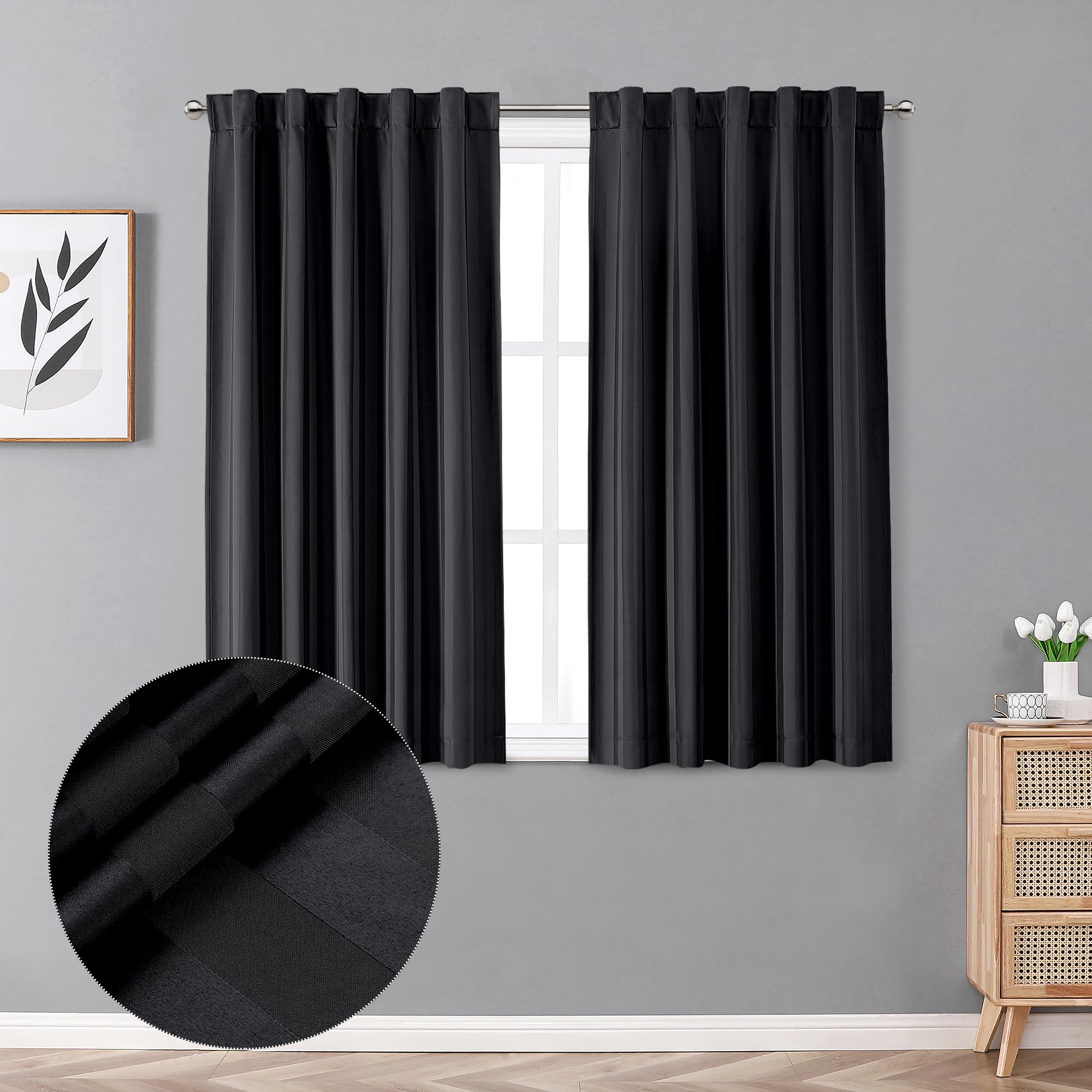 OVZME Mateo 100% Blackout Thermal Insulated Window Curtains - 42x45 Inch (2 Pack) Black Vertical Stripe Short Drapes with Rod Pocket & Back Tab for Small Windows | Bedroom Darkening Curtains for Better Sleep & Energy Efficiency