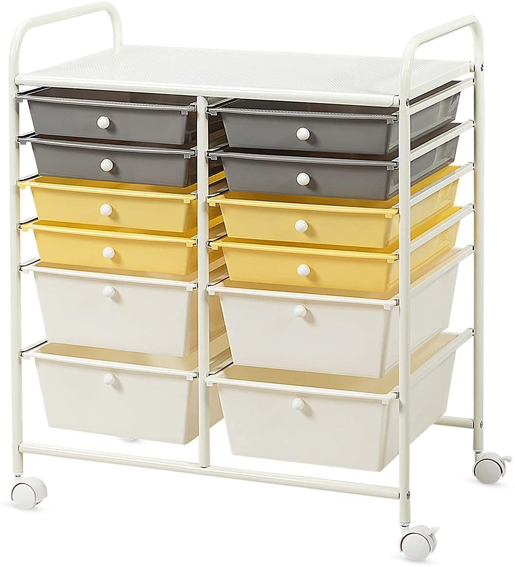 FANTASK 12-Drawer Rolling Storage Cart with Wheels - Multipurpose Mobile Organizer for Tools, Crafts, Office Supplies & Beauty Products - Perfect for School, Home, Office & Salon Organization (Yellow)