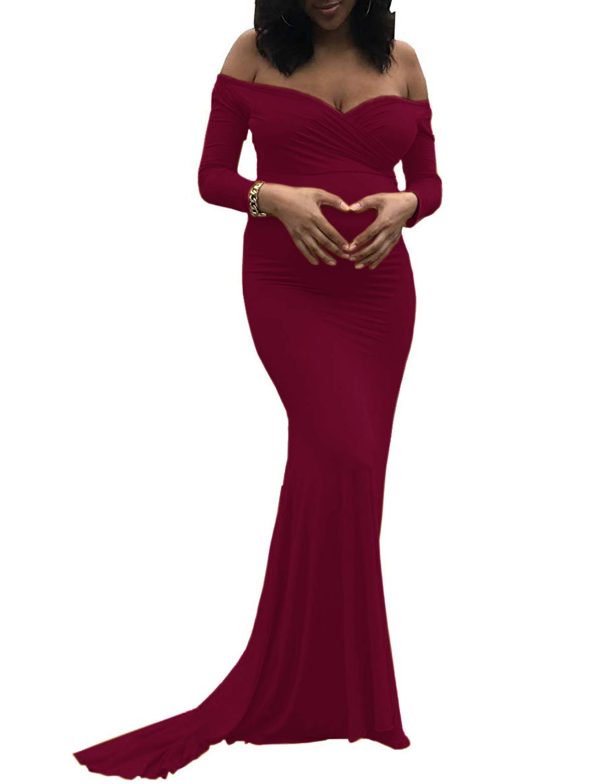 Saslax Elegant Fitted Maternity Gown - Long Sleeve Slim Fit Maxi Photography Dress for Pregnancy Photoshoots & Special Occasions