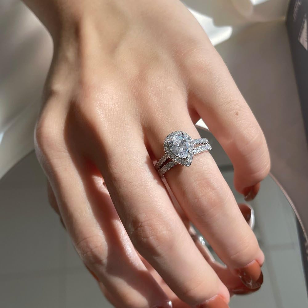 2 Carat Pear Shaped Moissanite Engagement Ring Set for Women - Platinum Plated Silver Wedding Band & Teardrop Bridal Set | Perfect for Proposals, Anniversaries & Special Occasions