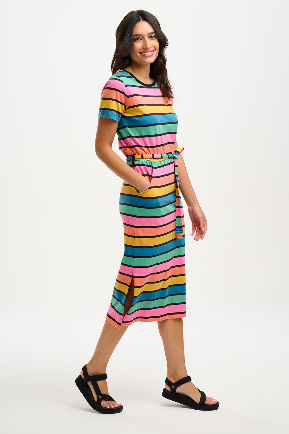 Flissy Jersey Midi Dress - Women's Striped Beach Dress with Multi Beach Hut Stripes | Perfect for Summer Vacations, Beach Outings and Casual Daywear