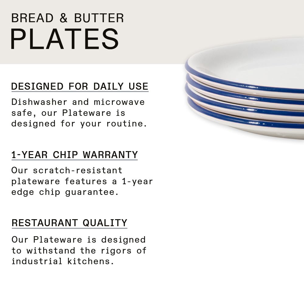 Premium Porcelain Bread and Butter Plate Set of 4 - White with Navy Blue Rim - English Crafted Dinnerware for Breakfast, Tea Parties & Elegant Dining