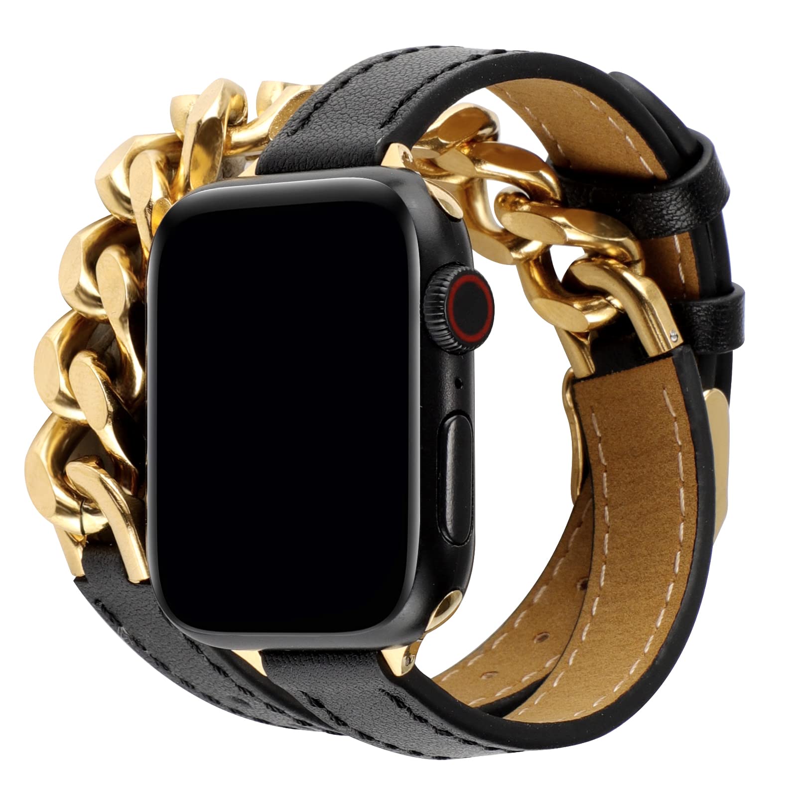 Premium Stainless Steel Leather Band for Apple Watch Series 9/8/7/6/5/4/3/2/SE/Ultra - 49mm 45mm 44mm 42mm 41mm 40mm 38mm Sizes - Cowboy Cuban Chain Bracelet for Men & Women - Perfect for Workouts, Office Wear & Casual Fashion