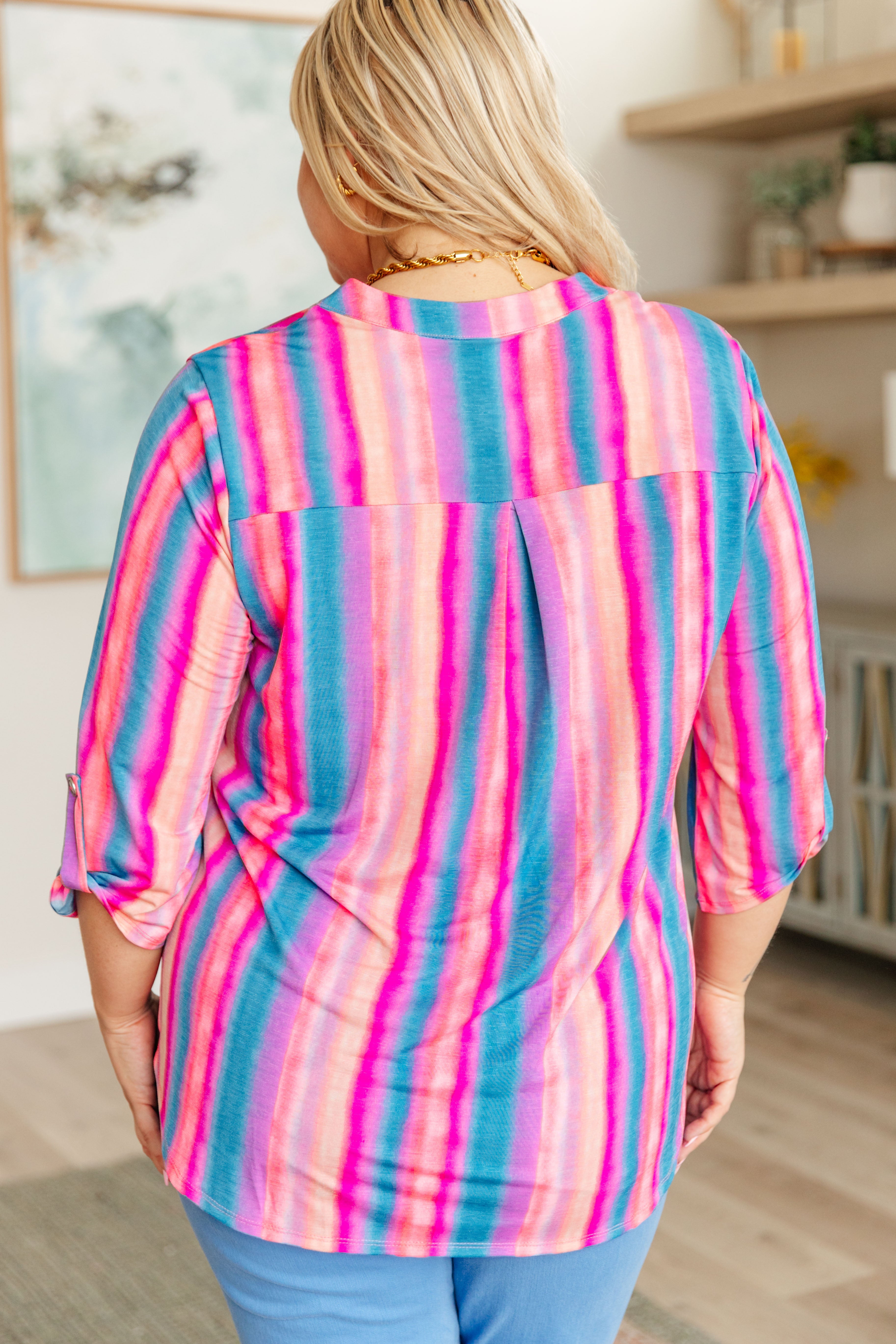 Lizzy Top - Blue and Pink Striped Women's T-Shirt | Casual Summer Tee for Outfits, Beach & Everyday Wear