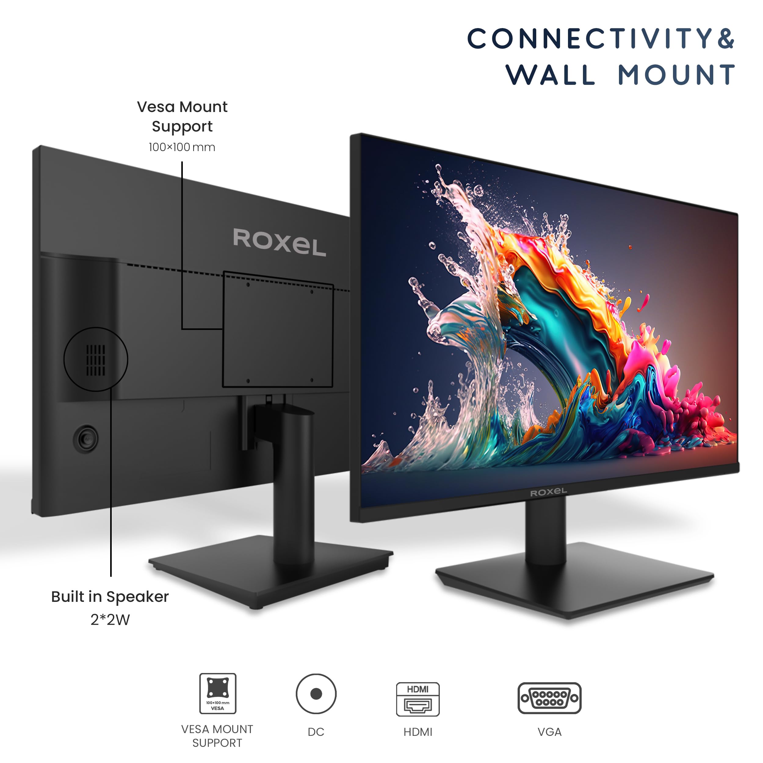 Roxel 27 Inch IPS FHD Computer Monitor - Borderless Design, 1080P Full HD, 75Hz Refresh Rate, HDMI & VGA Ports, 99% sRGB, 5ms Response Time, Eye Care (Flicker-Free & Low Blue Light), Frameless Display - Perfect for Home Office, Gaming, and Multimedia Entertainment