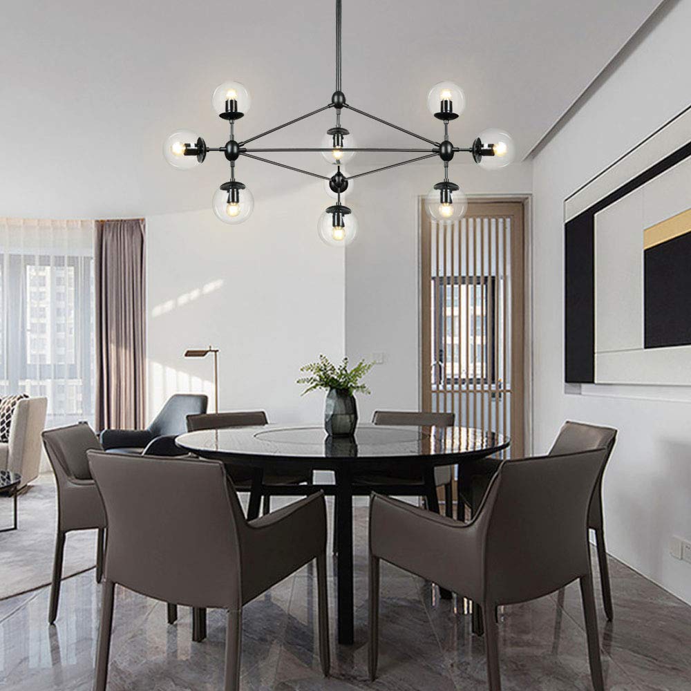 Modern Black DNA 10-Light Chandelier with Globe Glass Shade - Elegant Lighting Fixture for Kitchen Island, Dining Room & Living Room | Perfect for Farmhouse, Industrial & Contemporary Home Decor