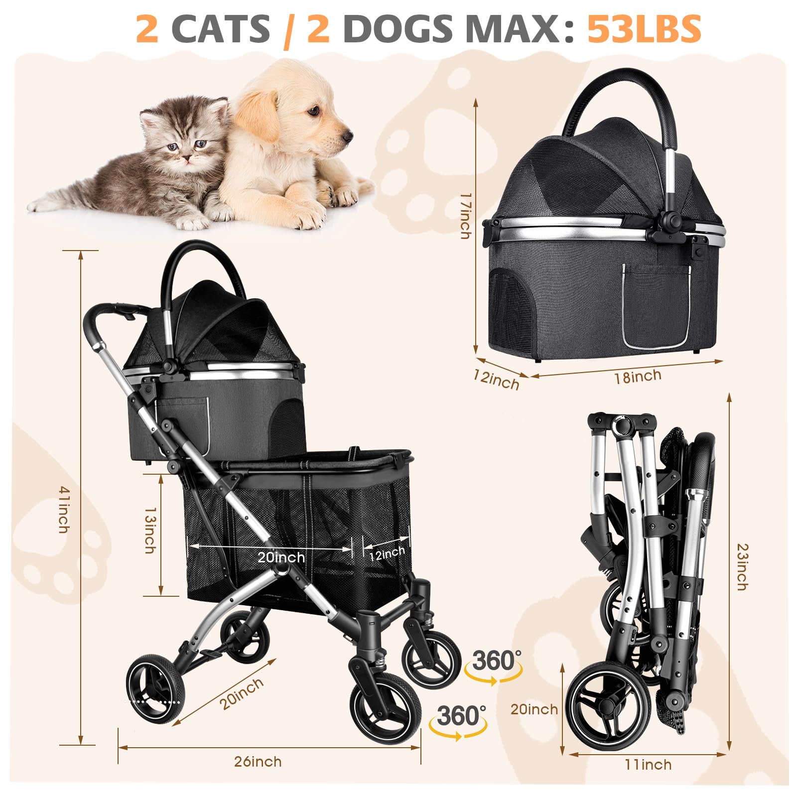 Premium Double Pet Stroller for 2 Dogs or Cats - One-Hand Foldable Design with Detachable Carrier, Safety Belt & Lockable Wheels - Heavy Duty Stroller for Small/Medium Pets up to 52LBS (Gray) - Perfect for Park Walks, Vet Visits & Travel Adventures
