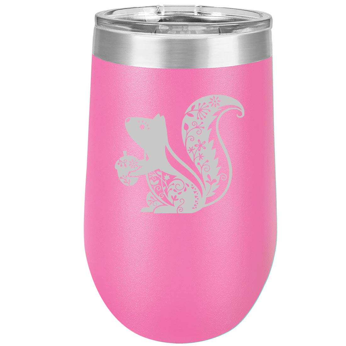 16 oz Double Wall Vacuum Insulated Stainless Steel Wine Tumbler - Stemless Coffee Travel Mug with Lid & Leakproof Design - Hot Pink Squirrel Pattern - Perfect for Hot/Cold Drinks, Office, Commuting & Outdoor Activities