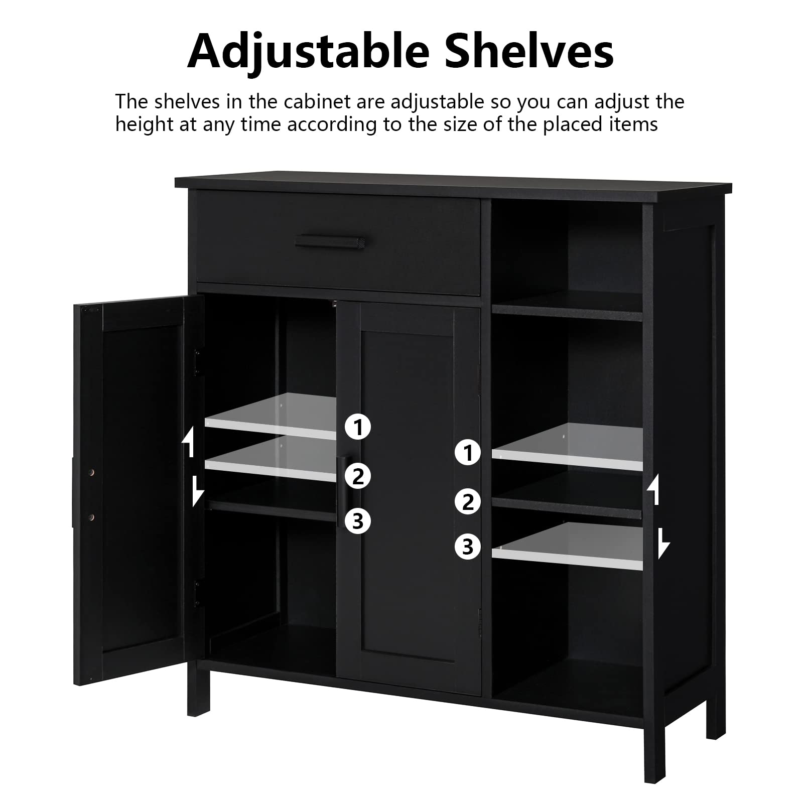 WEENFON Freestanding Storage Cabinet with Doors, Drawers & Shelves - Bathroom Organizer, Coffee Bar Cabinet for Living Room - Black (Perfect for Small Spaces & Home Organization)