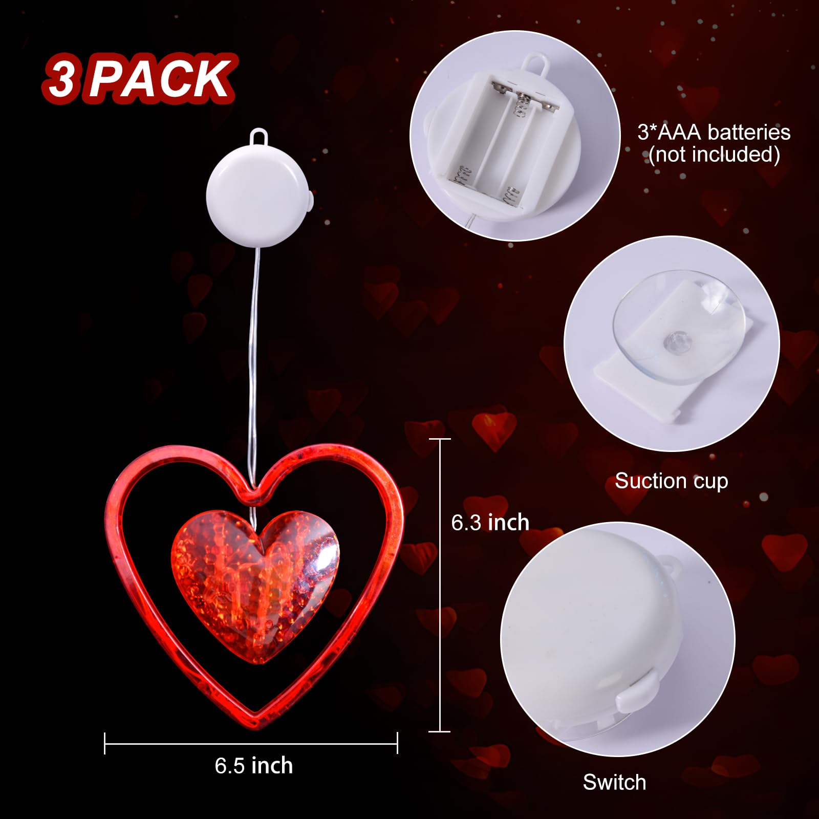3 Pack Valentine's Day LED Window Lights - Battery Powered Heart Shaped Decor with Timer, Red Hanging Silhouette Lights for Fireplace, Home & Indoor Holiday Decorations (2025) - Perfect for Romantic Ambiance, Christmas Decor & Party Lighting