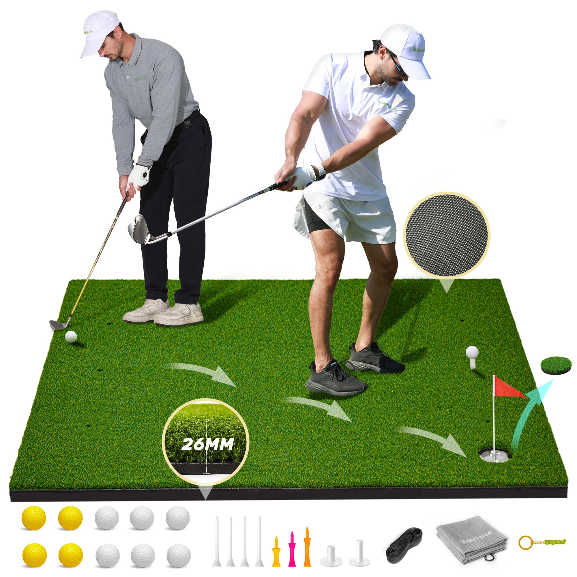 Premium MyVoice Pro 5x4ft Thickened Golf Mat Set - High-Elastic Non-Slip Base with Multiple Turf Options for Indoor/Outdoor Golf Training | Perfect for Driving Range Practice, Backyard Golf & Home Putting Green Setup