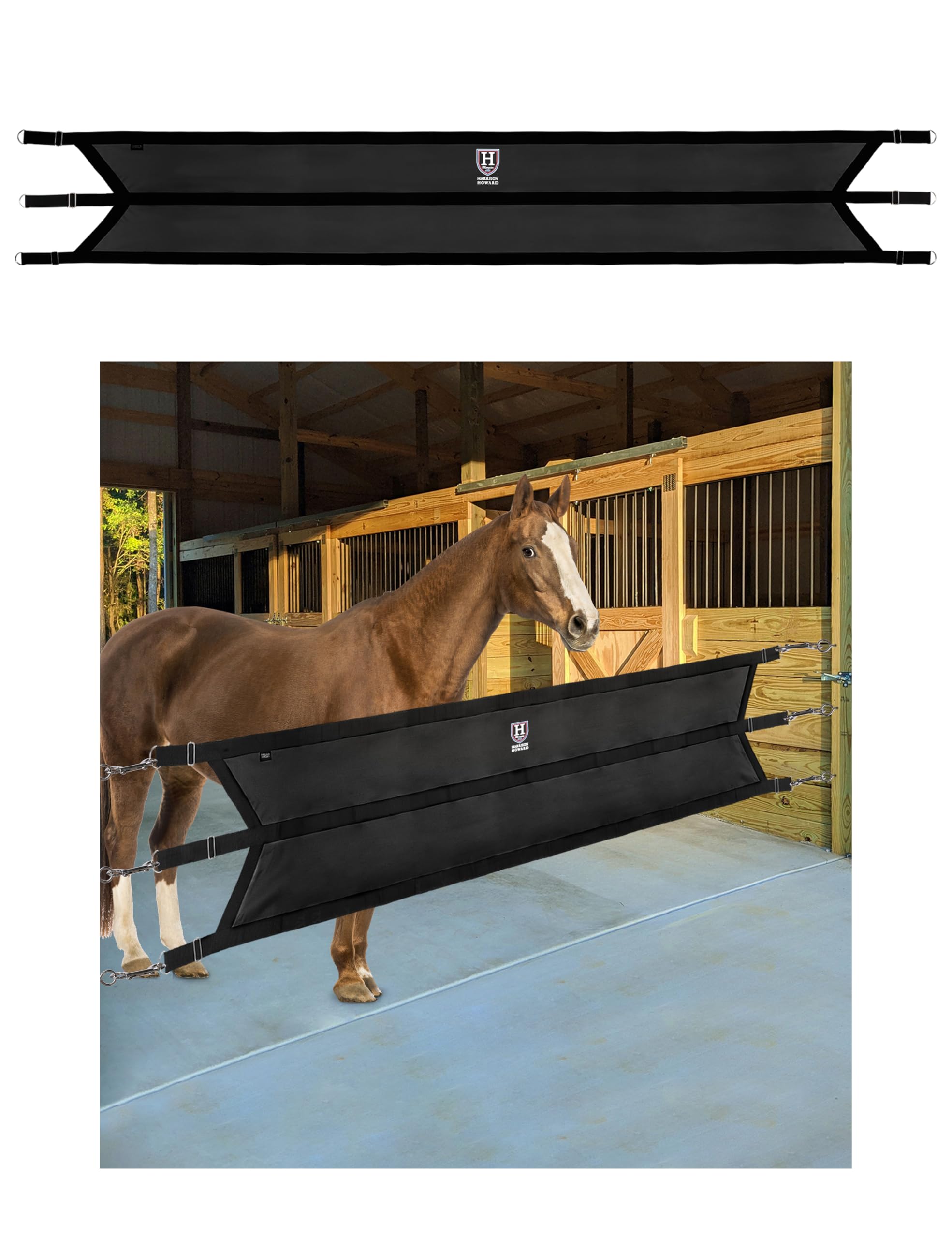 Harrison Howard Heavy-Duty Spring Hooks & D-Rings with Adjustable Straps - Black Stall Guard for Horse Barns, Stables & Aisles - Durable Fabric for Long-Lasting Use