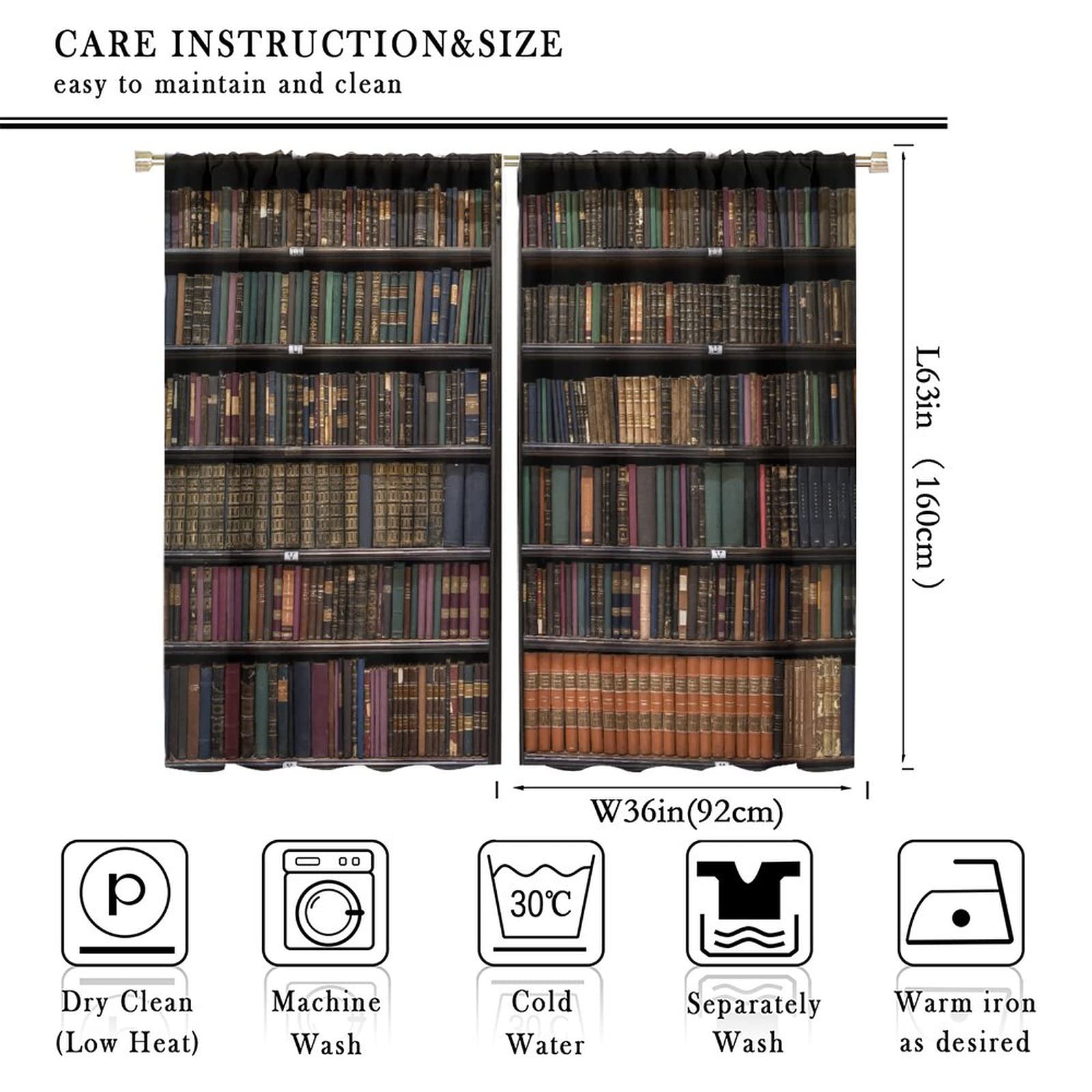 Blackout Curtains for Living Room - Bookshelf Printed Window Drapes 72x63 Inch, Darkening Rod Pocket Curtains for Home Decor & Library, Perfect for Bedrooms, Study Rooms and Home Theaters