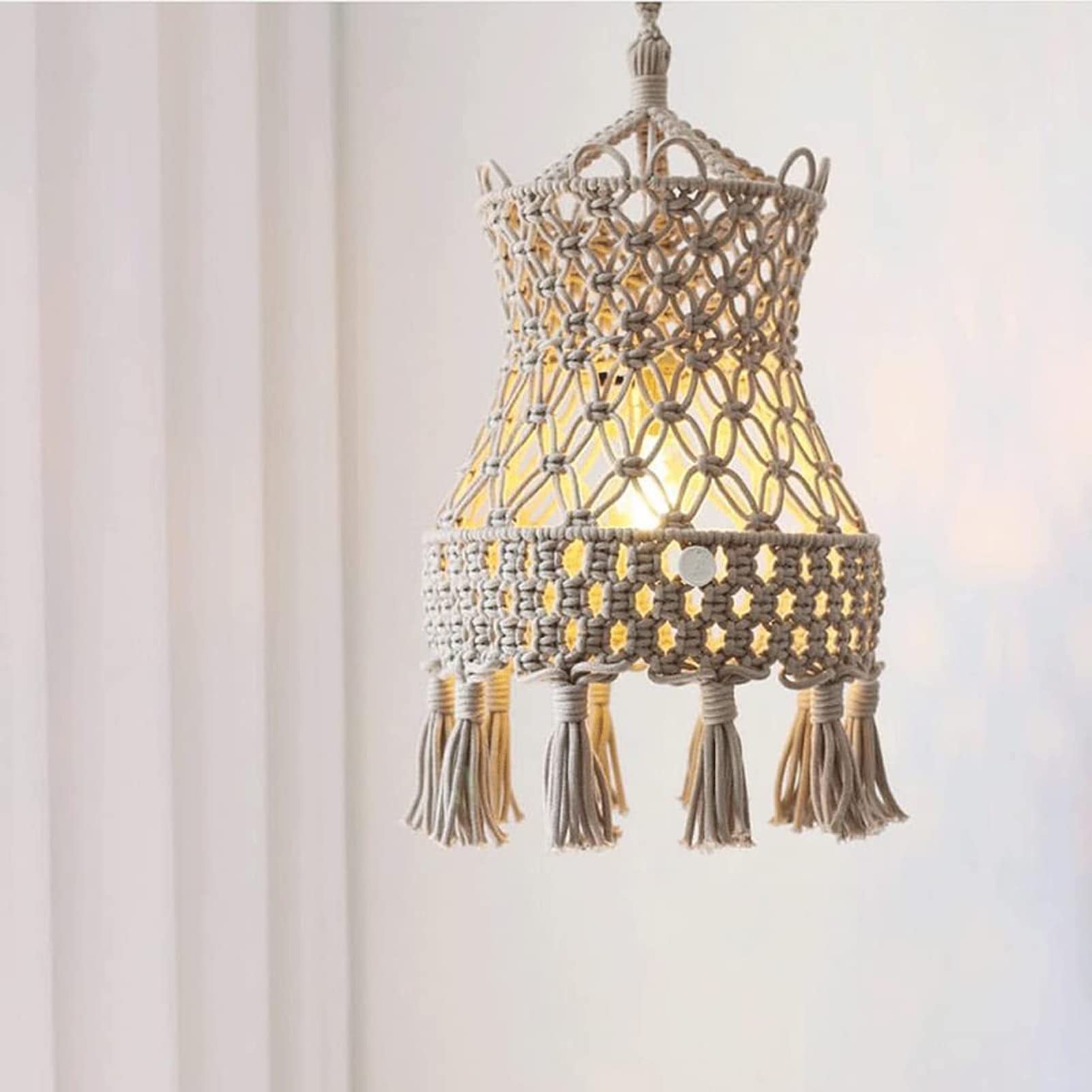 Vintage Handwoven Boho LED Chandelier - Cotton Rope Pendant Lamp with Macrame Shade for Ceiling - Perfect for Living Room, Restaurant, Wedding & Home Decor - Bohomian Style Lighting Fixture for Cozy Ambiance