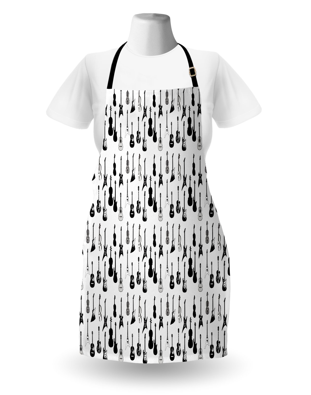 Ambesonne Music Themed Apron - Monochrome Guitar, Cello, Violin Print - Adjustable Unisex Kitchen Bib for Cooking, Baking, Gardening - Black, White & Grey - Perfect for Musicians, Chefs & Music Lovers