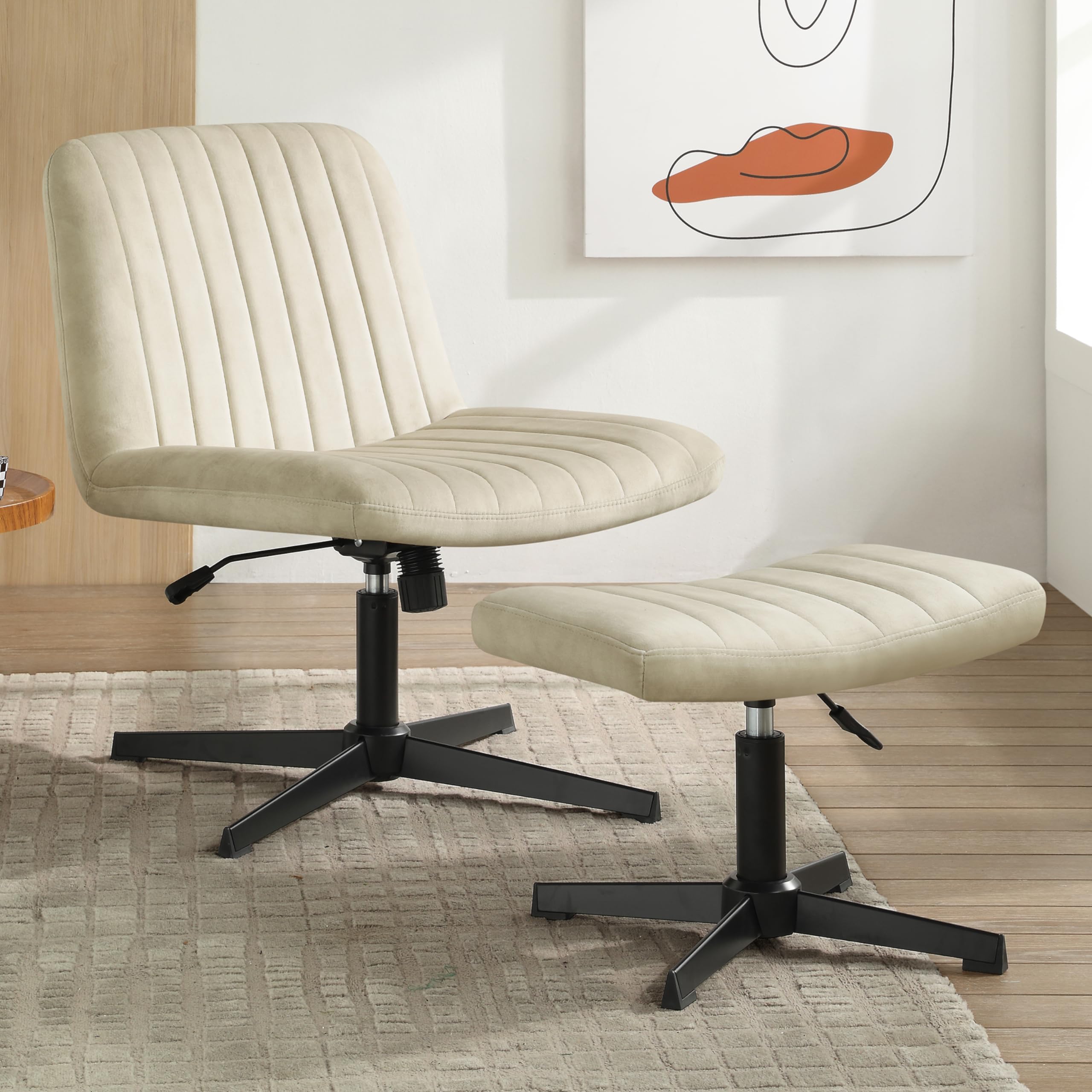 Zouron 360° Swivel Accent Chair with Ottoman - Adjustable Height Velvet Modern Tufted Wingback Club Chair, Upholstered Leisure Chair with Black Metal Legs for Office, Bedroom & Living Room - Perfect for Reading, Relaxing & Home Decor (Off-White)
