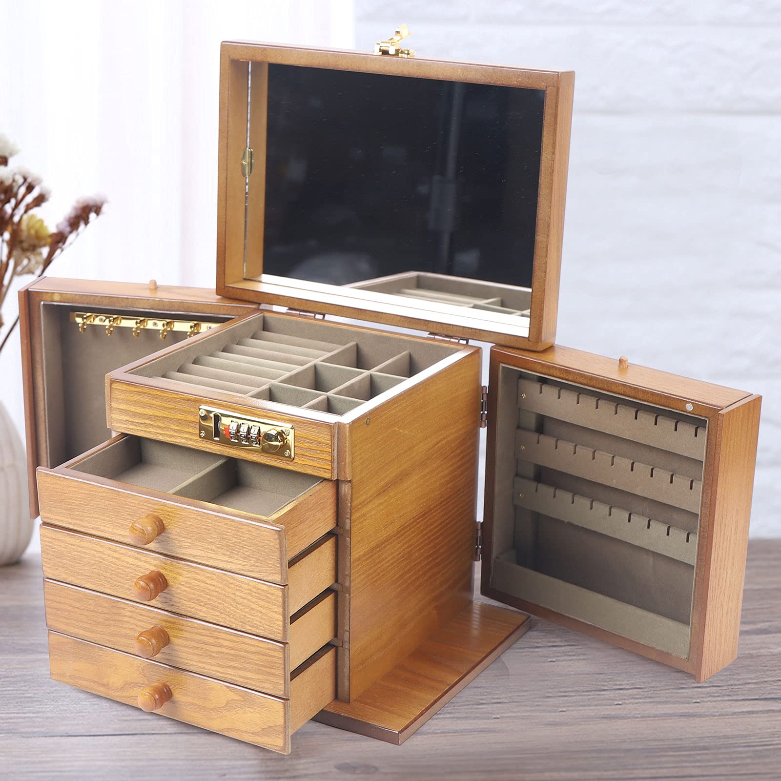 5-Layer Wooden Jewelry Box with Password Lock - Solid Wood Jewelry Organizer with Combo Lock for Necklaces, Rings, Watches - Storage Box with Drawer & Mirror (Cherry) - Perfect for Travel, Home Decor & Gift Giving