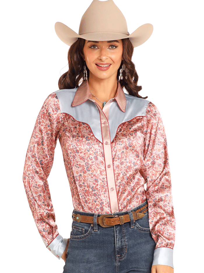 Rock & Roll Denim BWN2S04511 Women's Printed Satin Shirt - Rose Mauve Blouse for Casual Wear, Night Out & Music Festivals