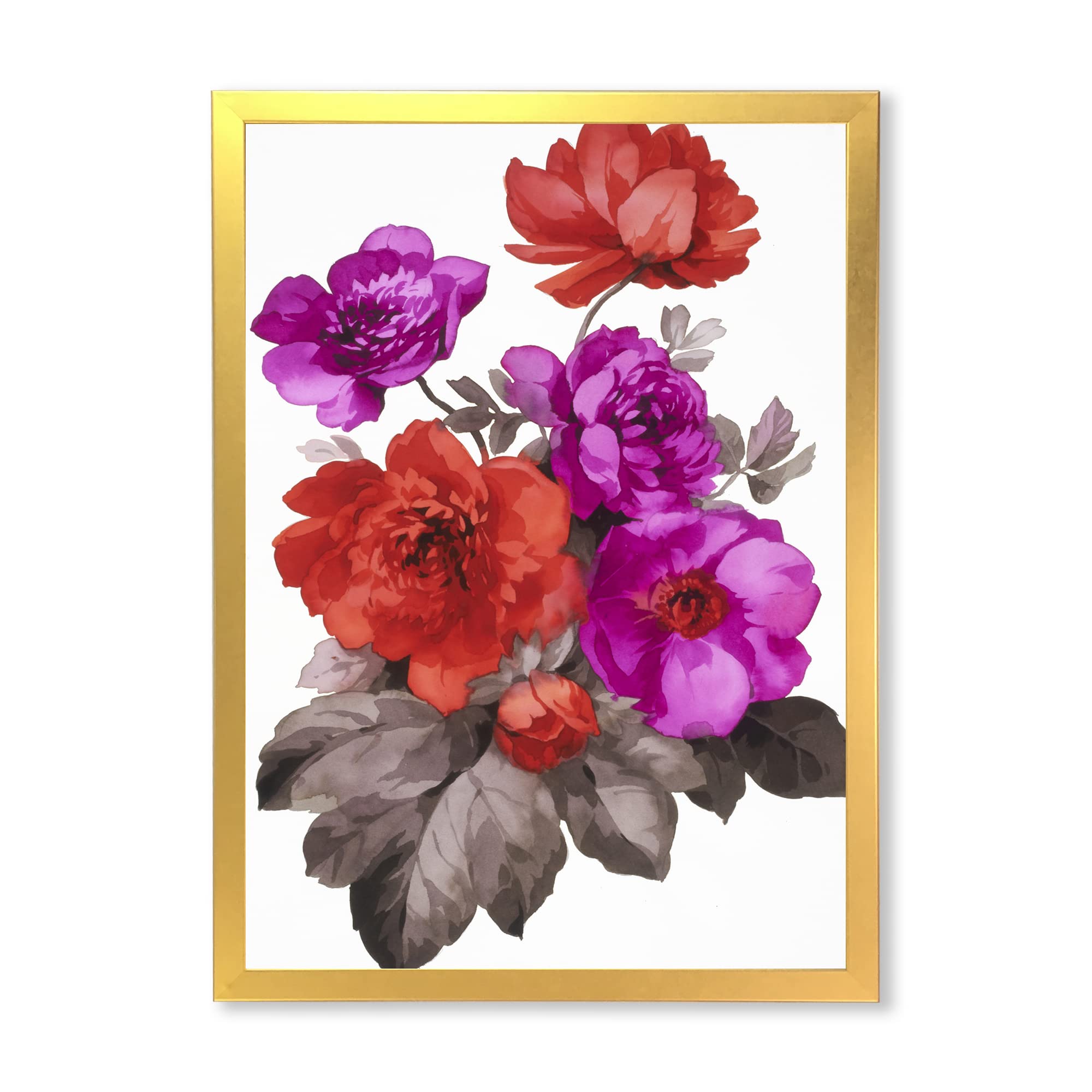 DesignQ Red and Fuchsia Flowers Traditional Framed Wall Art - Elegant Home Decor for Living Room, Bedroom & Office
