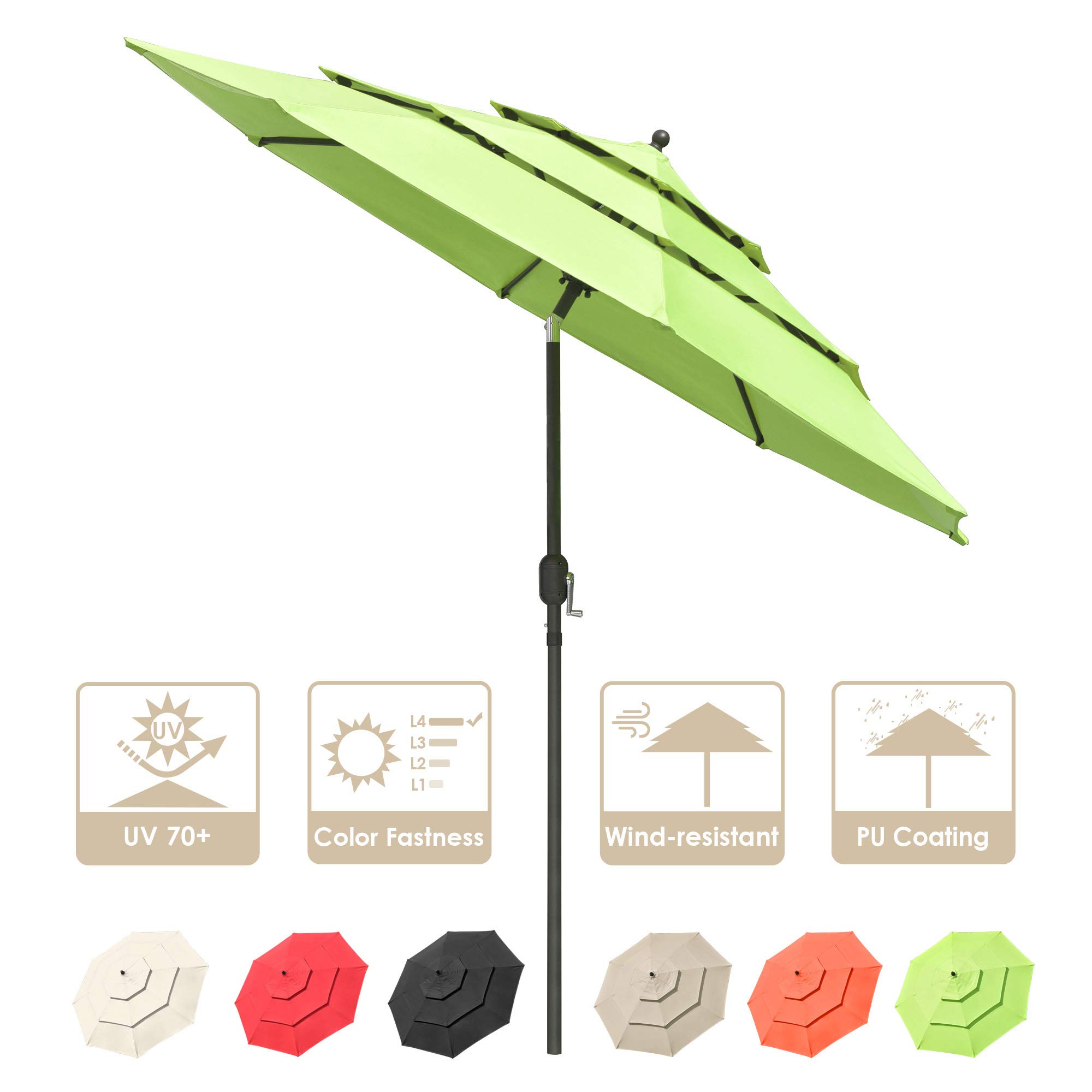 Yescom 9FT 3-Tier UV70+ Aluminum Patio Umbrella with Crank Handle - Waterproof & Tilt Function for Outdoor, Beach, Yard, Deck, Table - Perfect for Shade in Apple Green