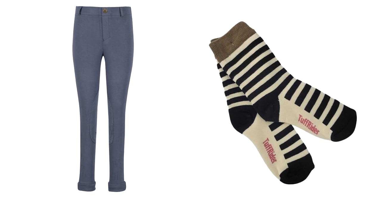 TuffRider Kids' Equestrian Riding Jodhpurs - Low Rise Pull-On Design with Free Striped Socks | Perfect for Horseback Riding Lessons & Beginner Riders