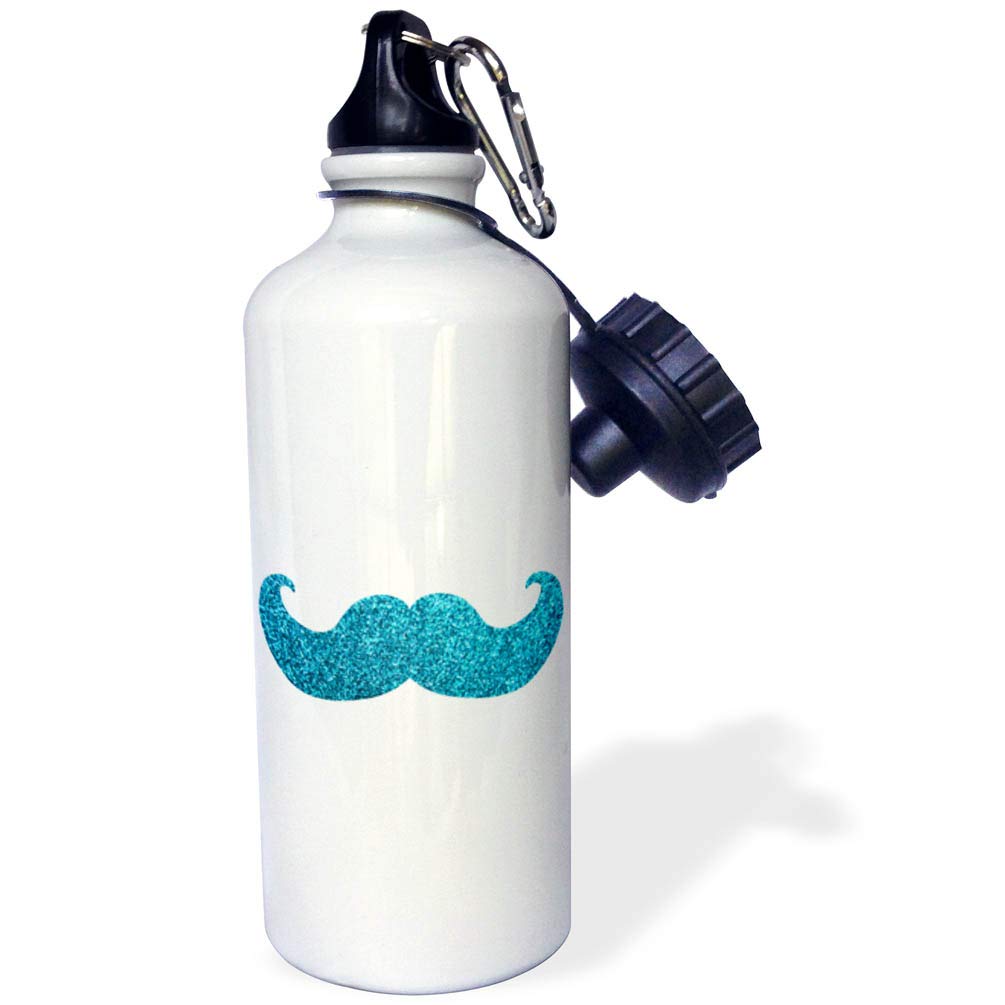 3D Rose Blue Bling Mustache Sports Water Bottle - 21 oz White Matte Glitter Texture Graphic - BPA Free Leak Proof for Gym, Hiking & Outdoor Activities