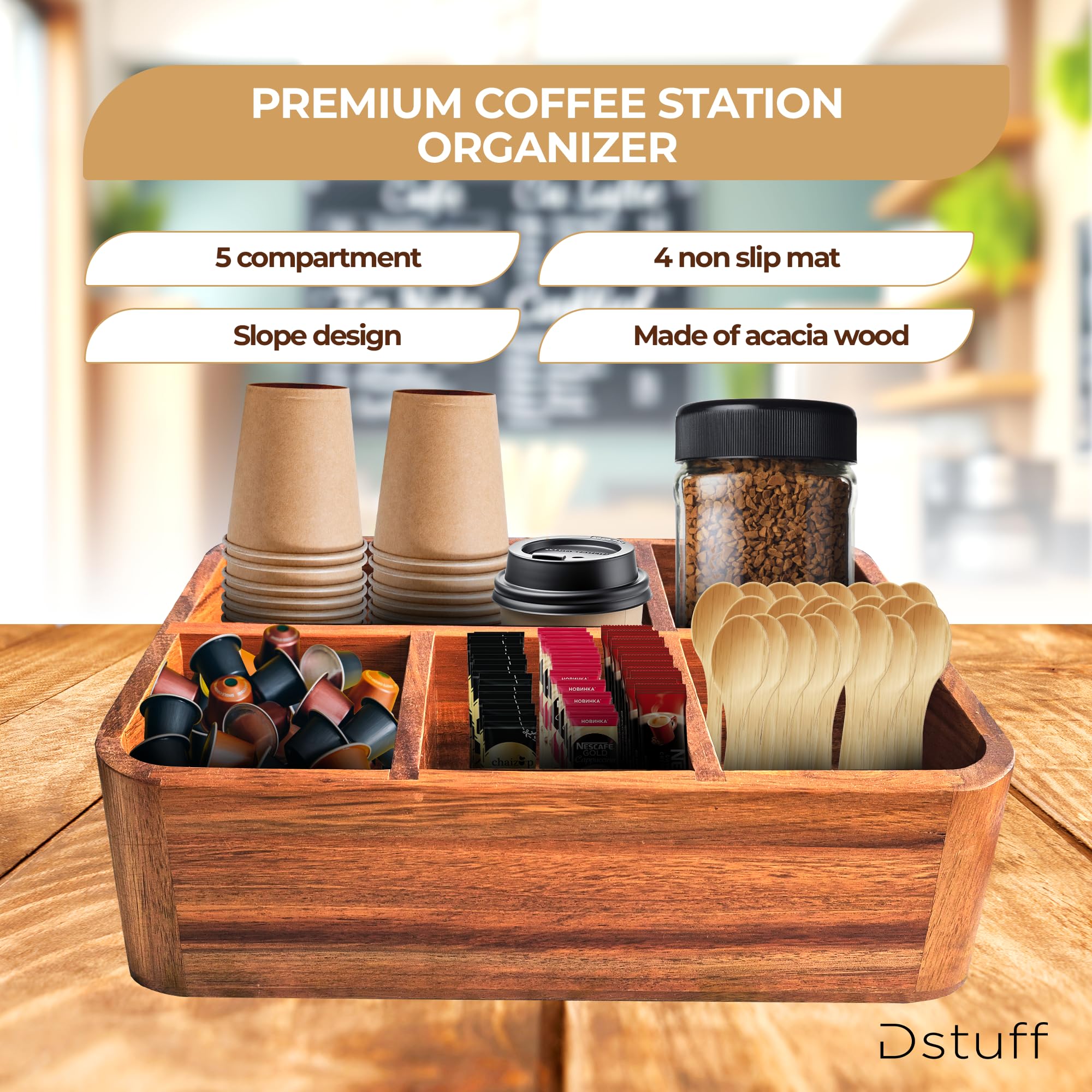 Acacia Wood Coffee Station Organizer - Countertop Coffee & Tea Bar Caddy with Holder for Coffee Accessories - Perfect for Home Kitchen & Office Decor - Ideal for Espresso Machines, Mugs, and Sugar Jars