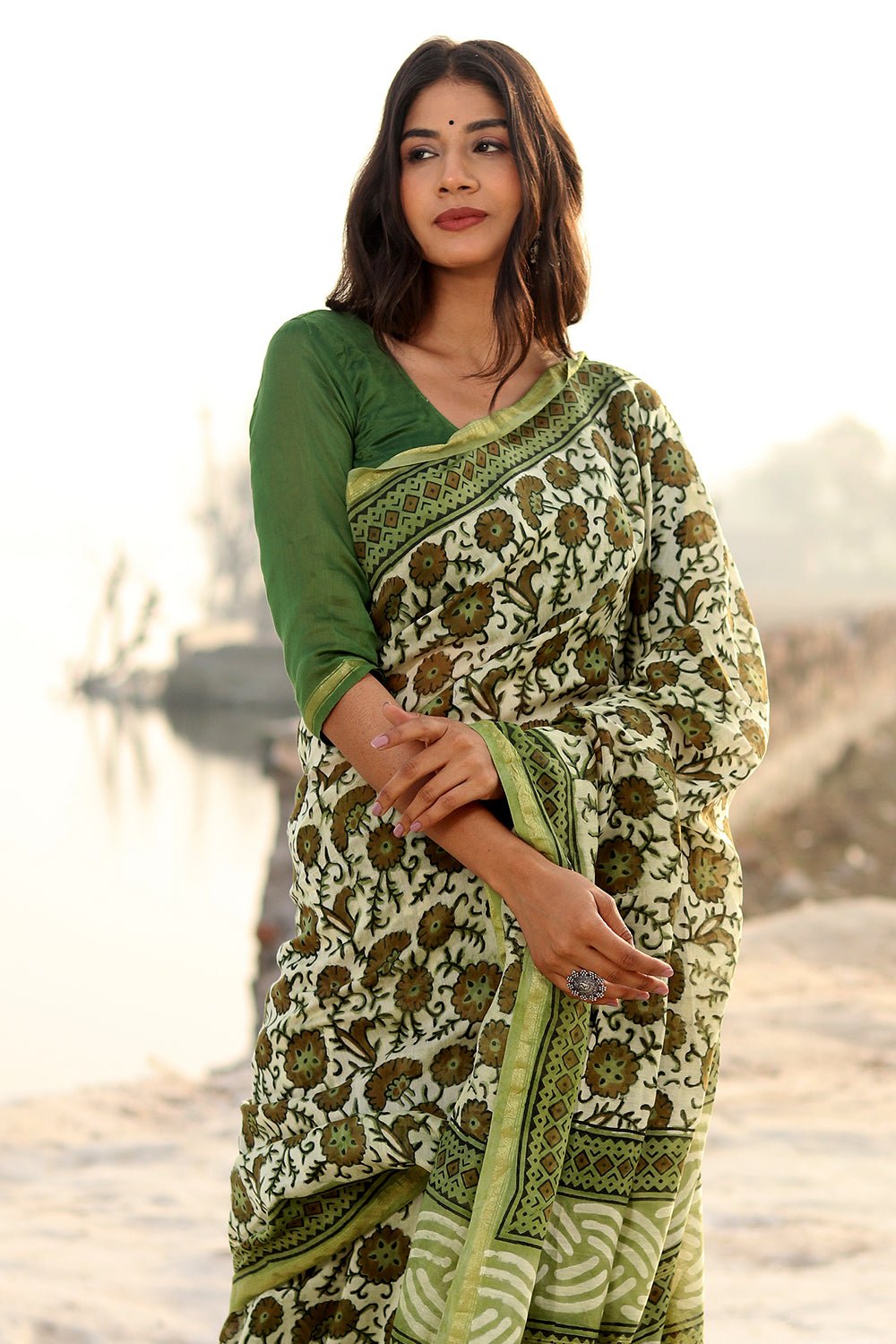 Handblock Printed Chanderi Saree in Shades of Green - Elegant Traditional Indian Wear for Weddings & Festivals