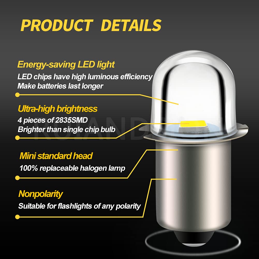Ruiandsion 18V P13.5S Base White LED Flashlight Bulb - Non-Polarity Replacement Bulbs for Flashlights & Torch Lights (5-Pack) - Perfect for Camping, Emergency Kits & Outdoor Adventures