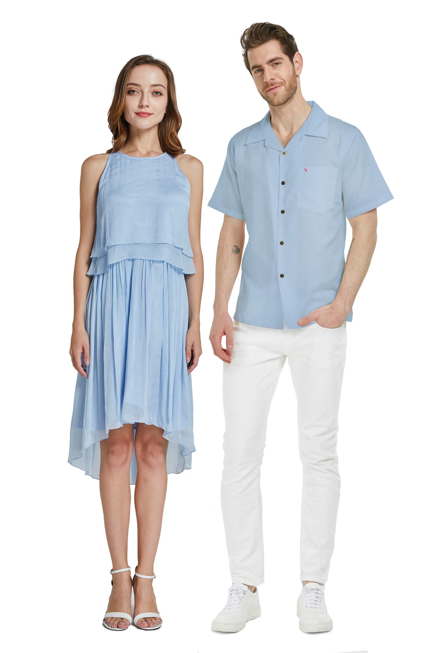 Periwinkle Blue Hawaiian Beach Wedding Linen Shirt for Groomsmen & Chiffon Dress for Bridesmaids - Matching Tropical Outfits for Beach Ceremonies, Luau Parties, and Destination Weddings