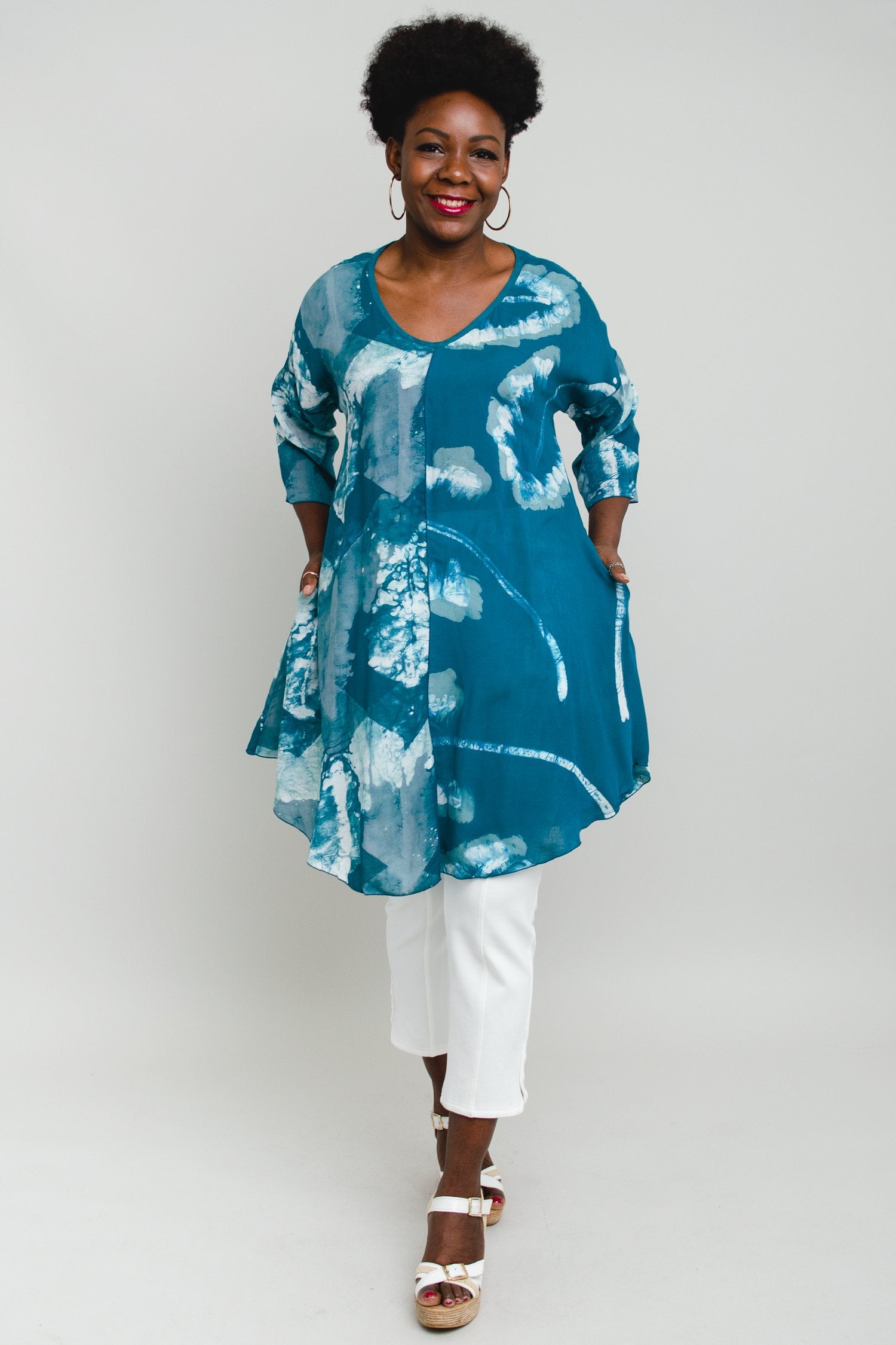 Gayle Top - Teal Mist Batik Art Print Women's Blouse for Casual Wear & Boho Style Outfits