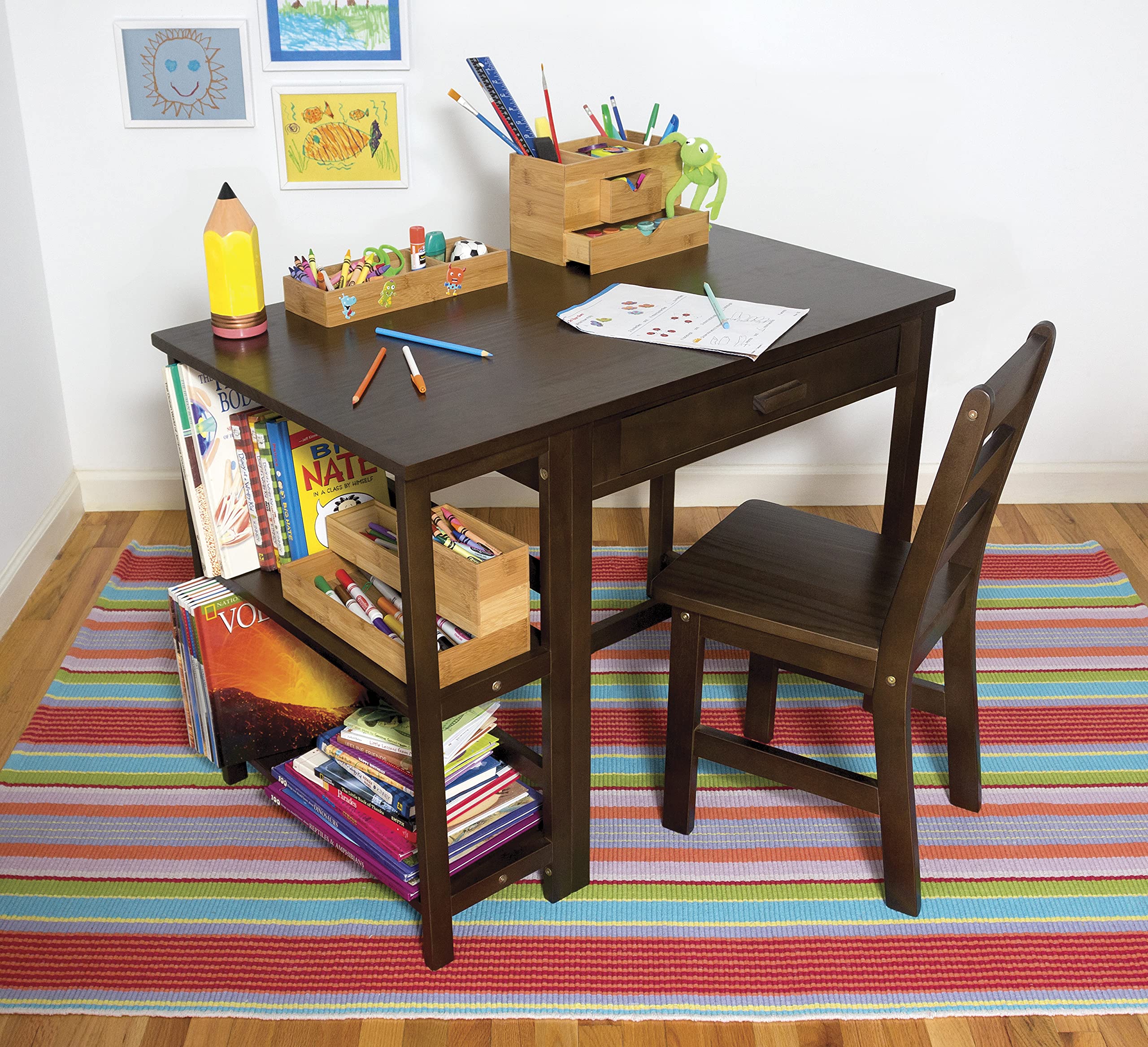 Lipper International 584WN Kids Wooden Study Desk and Chair Set with Walnut Finish - Perfect for Homeschooling, Remote Learning & Children's Bedroom Study Area