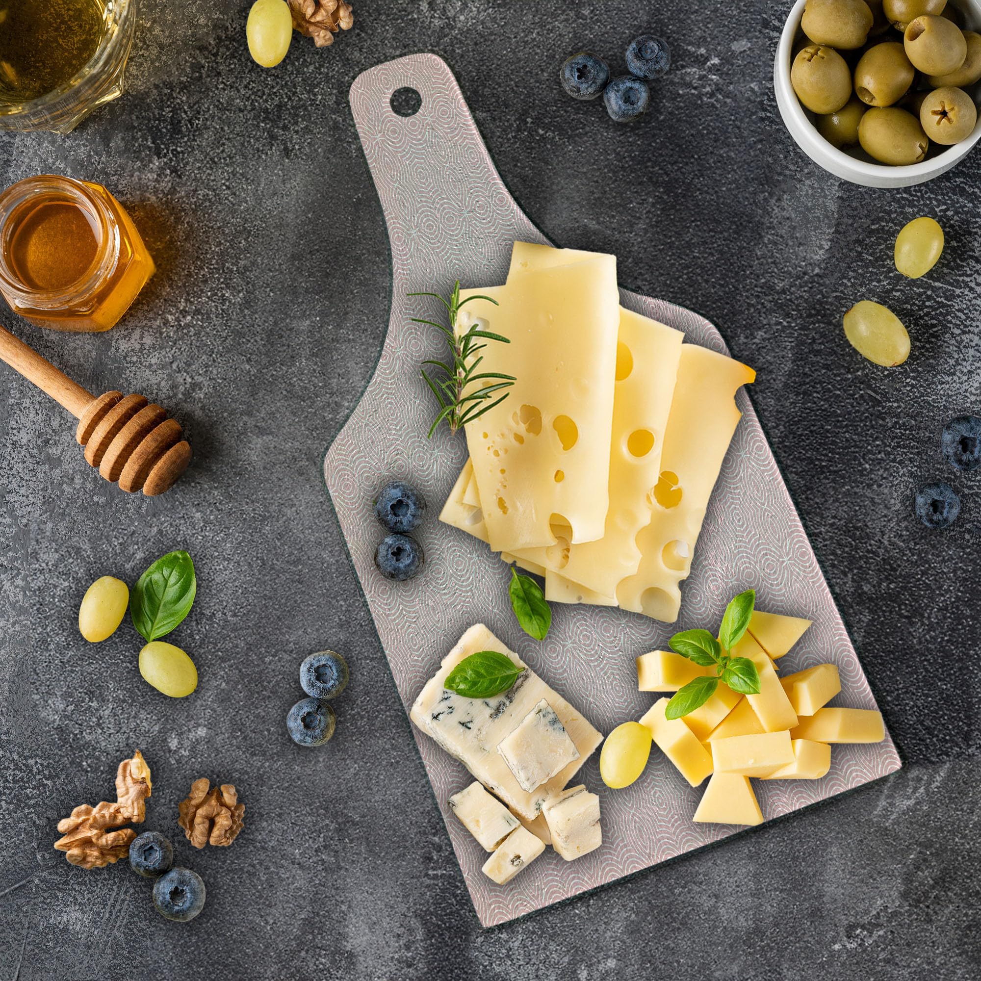 Ambesonne Celtic Tempered Glass Cutting Board - Vibrant Old Style Tied Celtic Lines Clover Design, Decorative Serving Board for Kitchen & Dining, Wine Bottle Shape in Pink & White - Perfect for Cheese Platters, Charcuterie & Wine Pairing