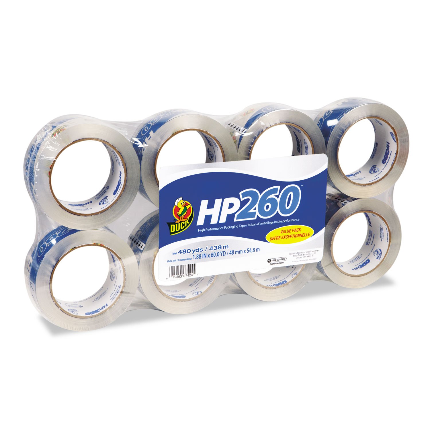 Duck 0007424 HP260 Heavy Duty Packaging Tape, 1.88-Inch x 60 Yards, 3-Inch Core, Clear Shipping Tape, 8 Rolls/Pack - Ideal for Moving Boxes, Shipping Packages & Storage Sealing