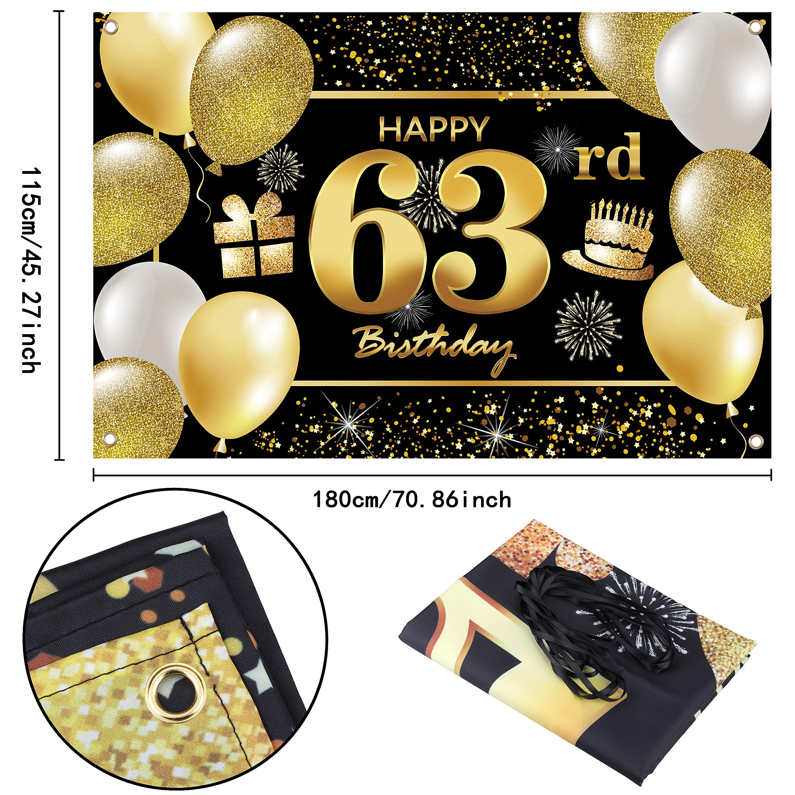 63rd Happy Birthday Banner - Gold & Black Birthday Decorations for Men - Party Backdrop & Wall Decor - Perfect for Birthday Parties, Milestone Celebrations & Photo Booths
