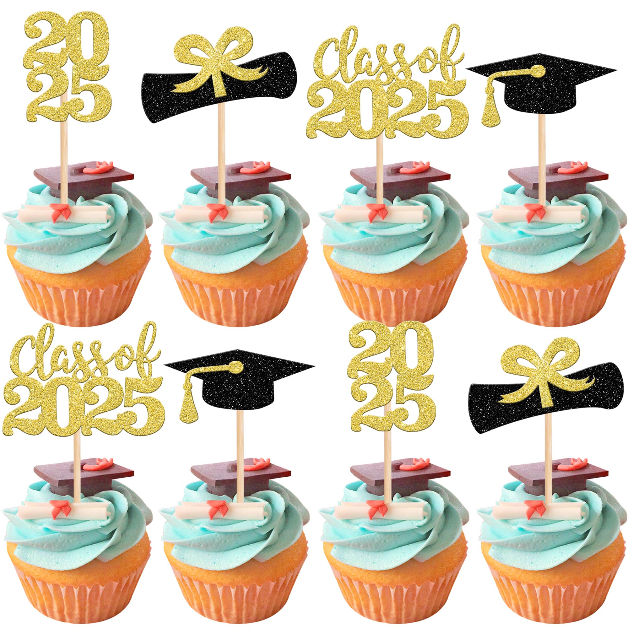 36 PCS 2025 Graduation Cupcake Toppers - Glitter Class of 2025 Graduation Cap & Diploma Cake Decorations - Gold Party Supplies for Graduation Ceremony, School Celebration & Dessert Table Decor