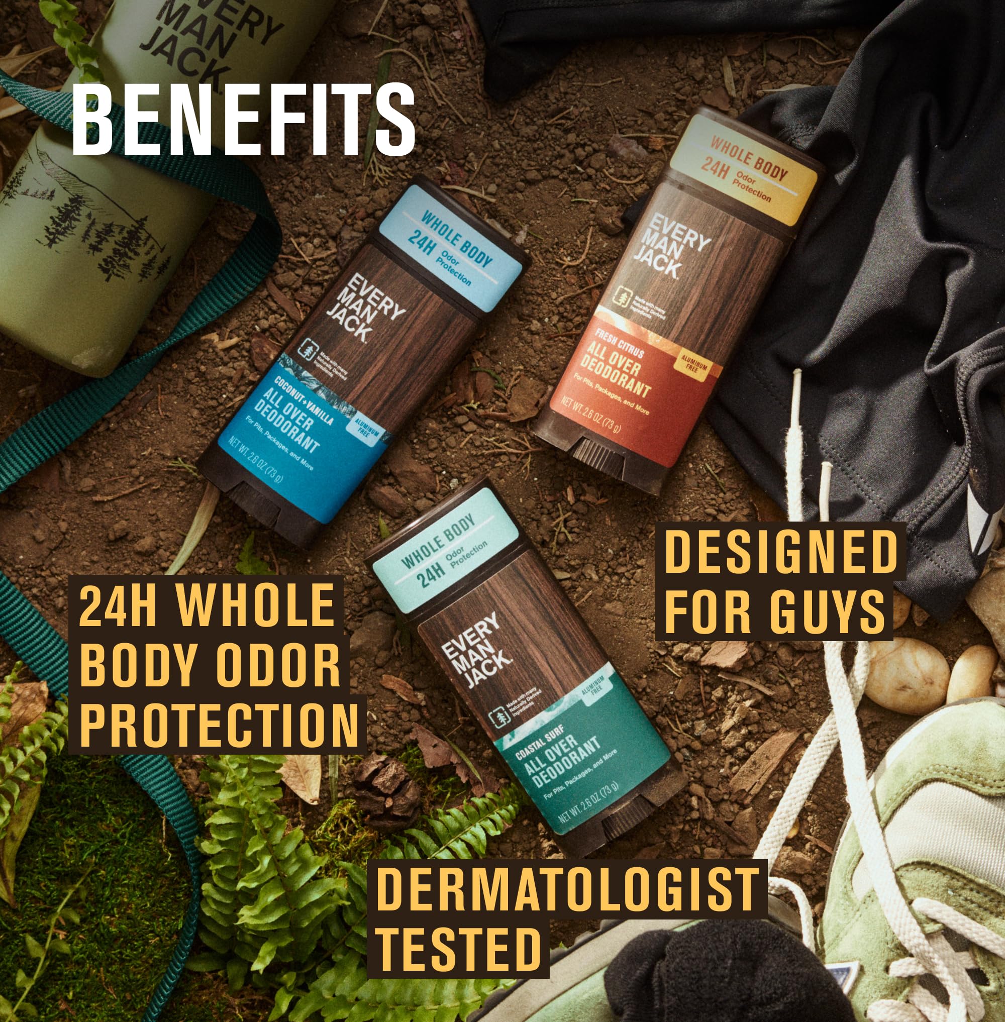 Every Man Jack All Over Deodorant Variety Pack - 24 Hour Aluminum Free Body Odor Protection - 3 Pack (Fresh Citrus, Coastal Surf, Coconut Vanilla) - 2.6 oz Each - Perfect for Gym, Travel & Daily Freshness